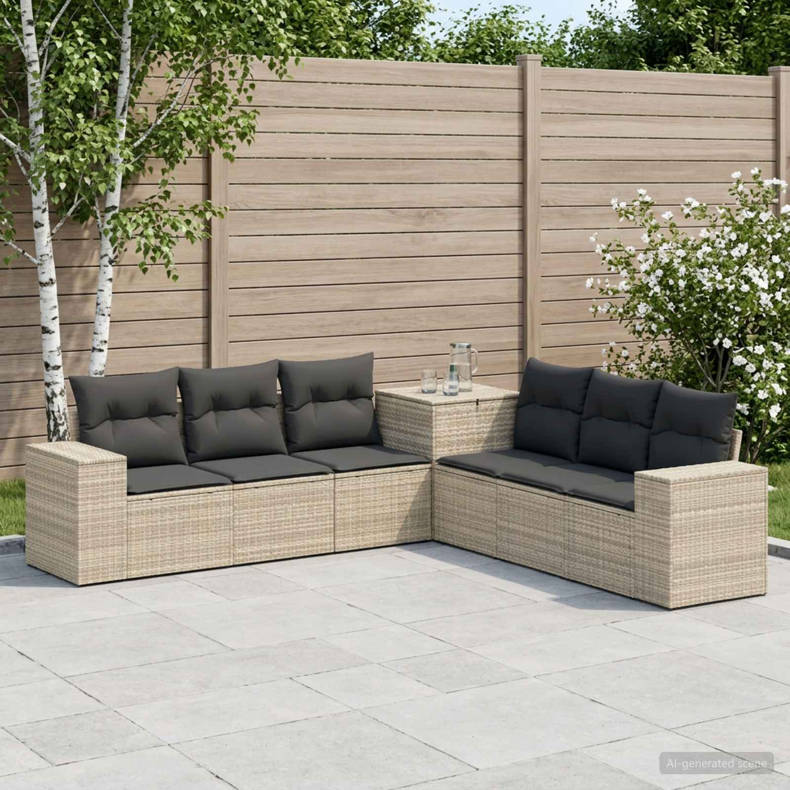 Bankstel 7 pcs Licht Grijs en Donker Grijs Poly Rattan en Staal – afbeelding 1