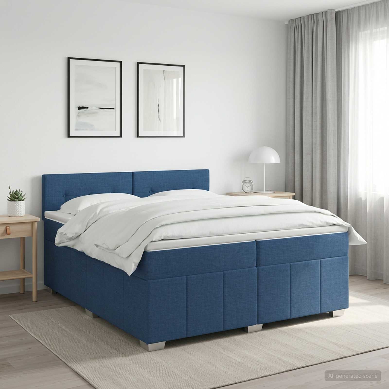 Boxspringbed met matras met hoofdeinde Blauw 200 x 200 cm Stof – afbeelding 1