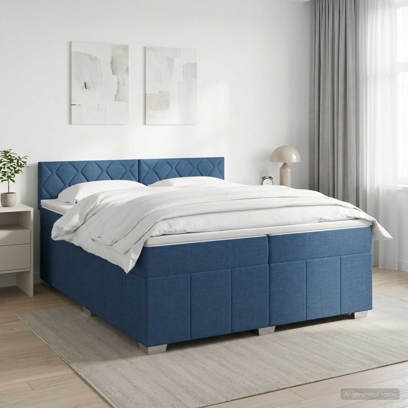 Boxspringbed met matras met hoofdeinde Blauw 200 x 200 cm Stof – afbeelding 1