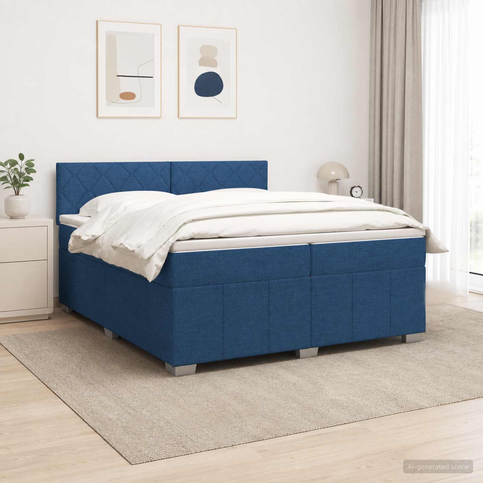 Boxspringbed met matras met hoofdeinde Blauw 200 x 200 cm Stof – afbeelding 1