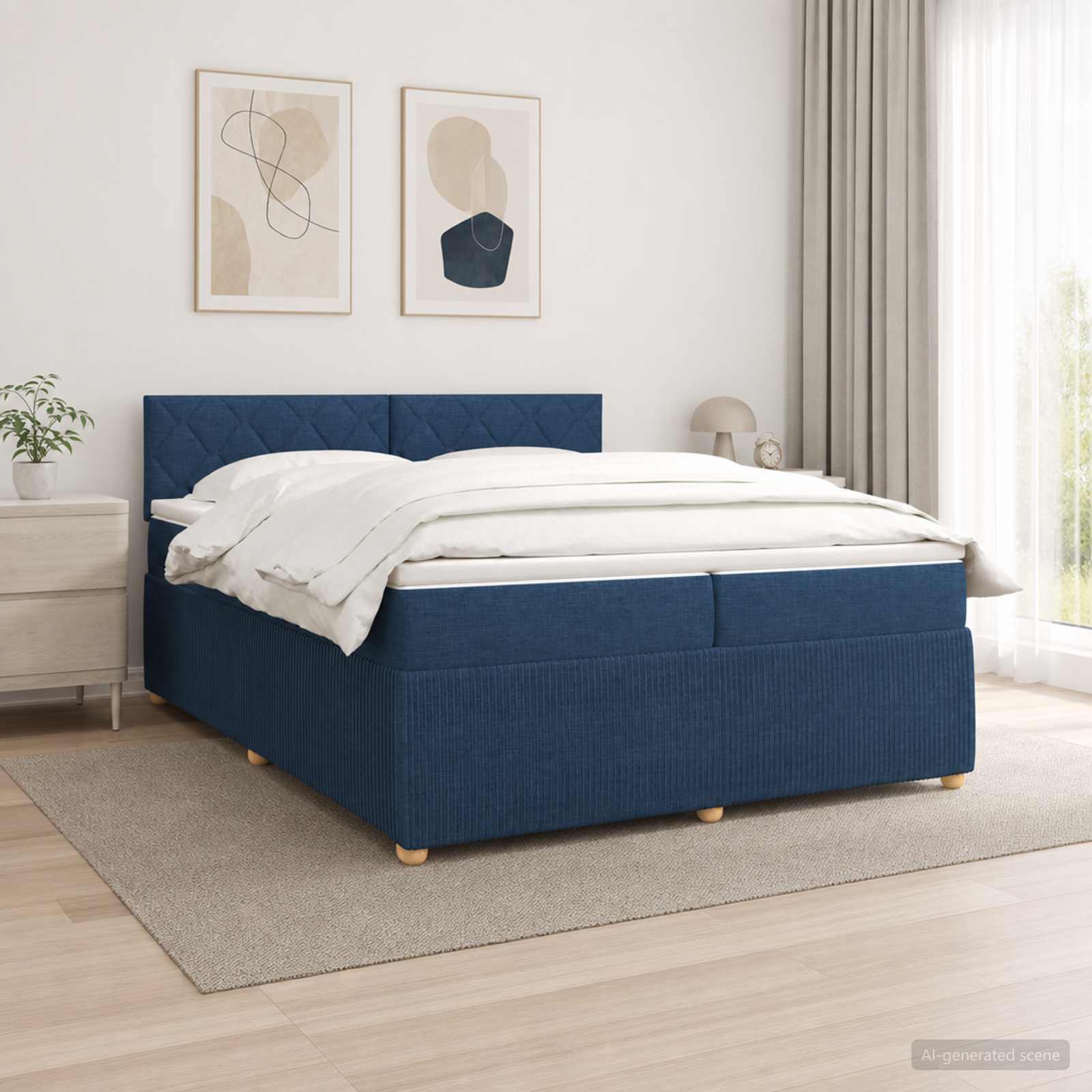 Boxspringbed met matras met hoofdeinde Blauw 200 x 200 cm Stof – afbeelding 1