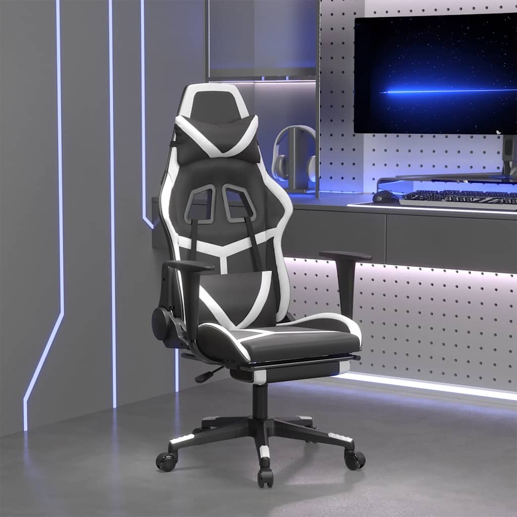Massage gamestoel met voetensteun kunstleer zwart en wit