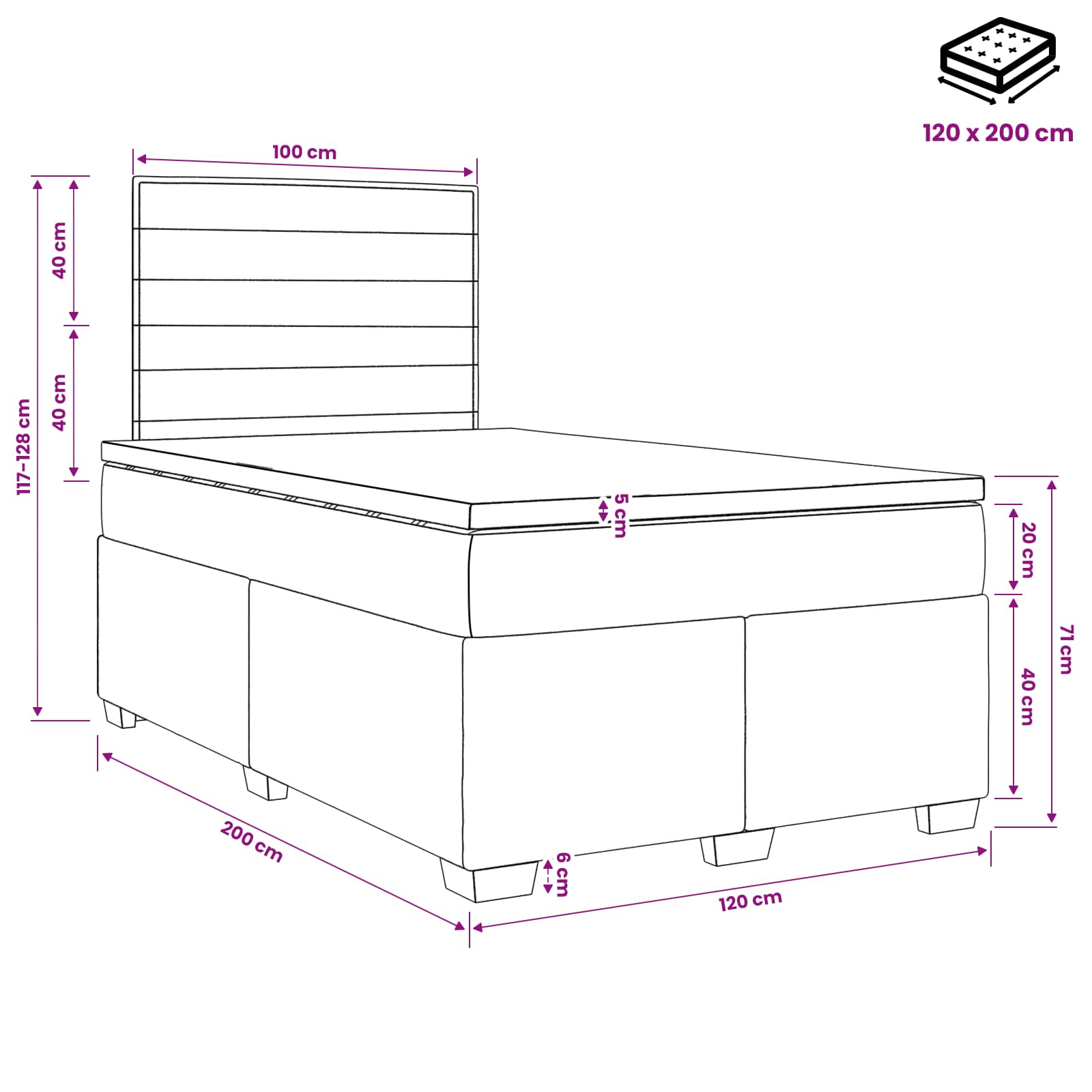 Boxspringbed met matras met hoofdeinde Zwart 120 x 200 cm Stof – afbeelding 11
