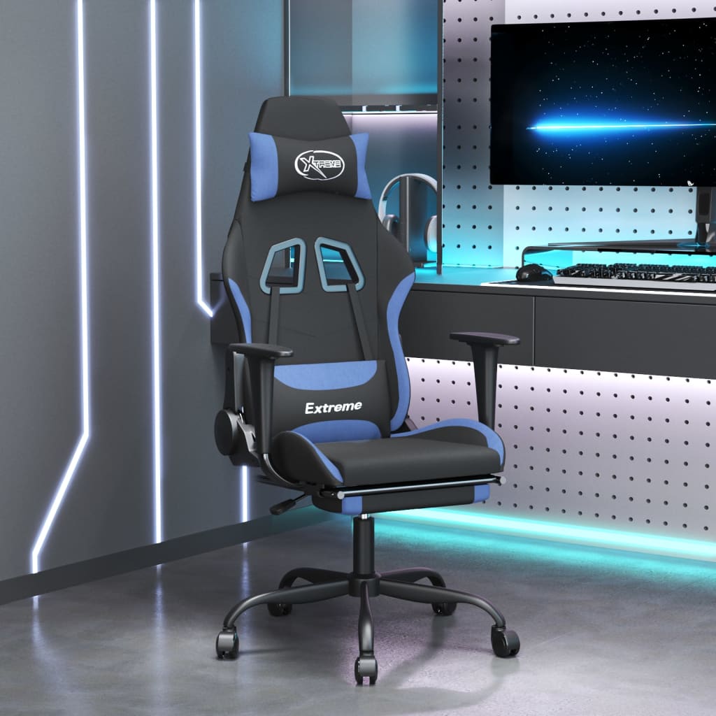 Massage gamestoel met voetensteun stof zwart en blauw