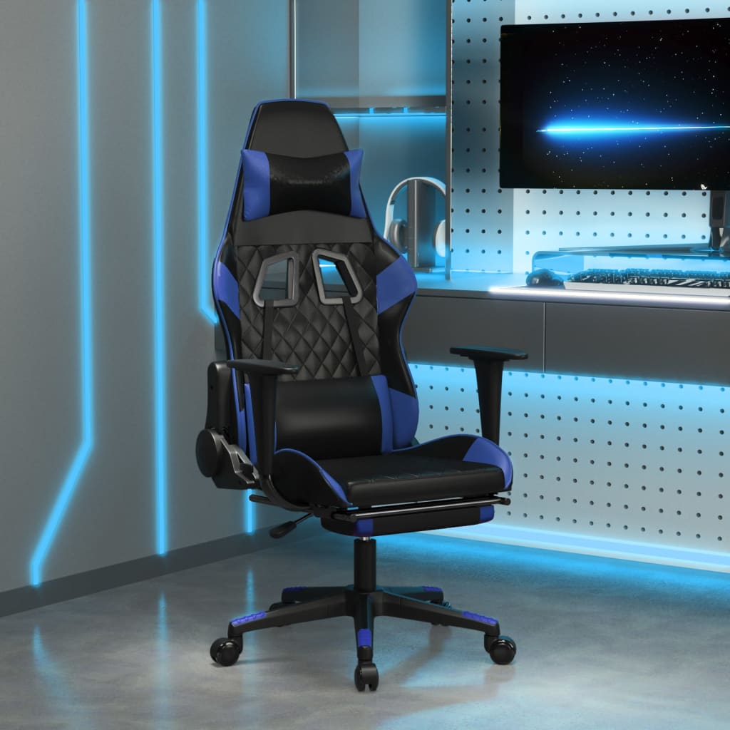 Massage gamestoel met voetensteun kunstleer zwart en blauw