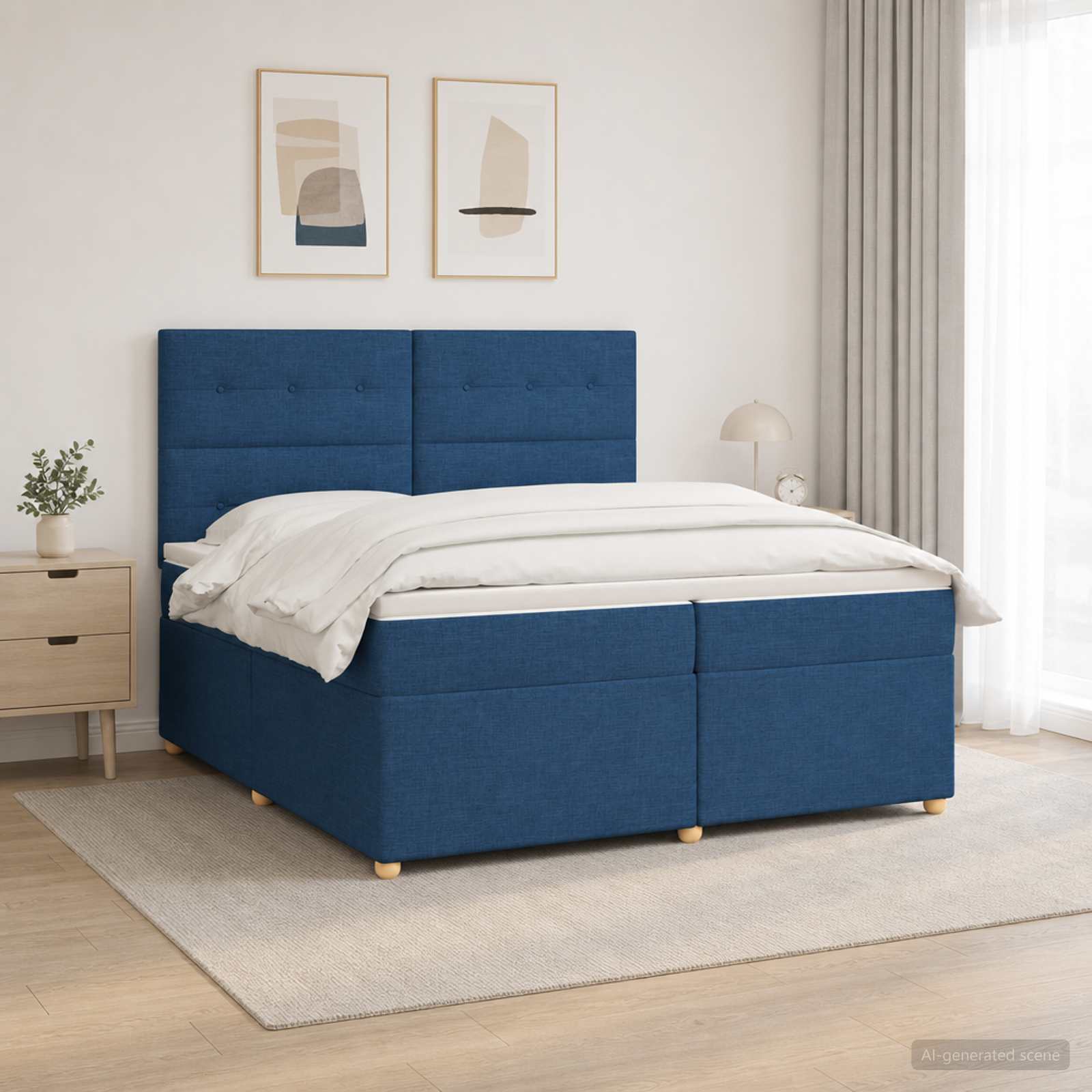 Boxspringbed met matras met hoofdeinde Blauw 200 x 200 cm Stof – afbeelding 1
