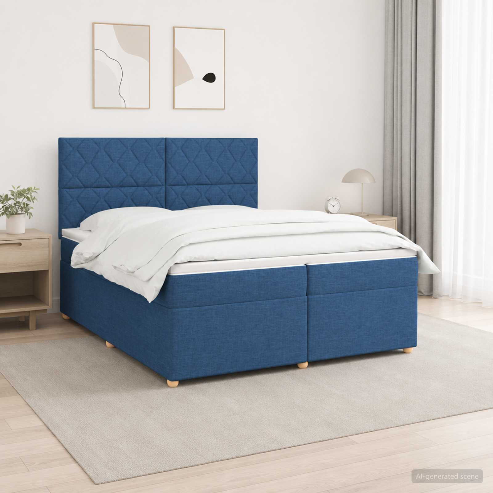 Boxspringbed met matras met hoofdeinde Blauw 200 x 200 cm Stof – afbeelding 1