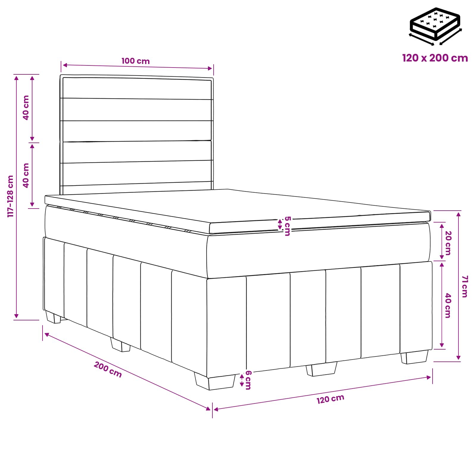 LED Boxspring Bed met Matras Zwart 120 x 200 cm Stof – afbeelding 10