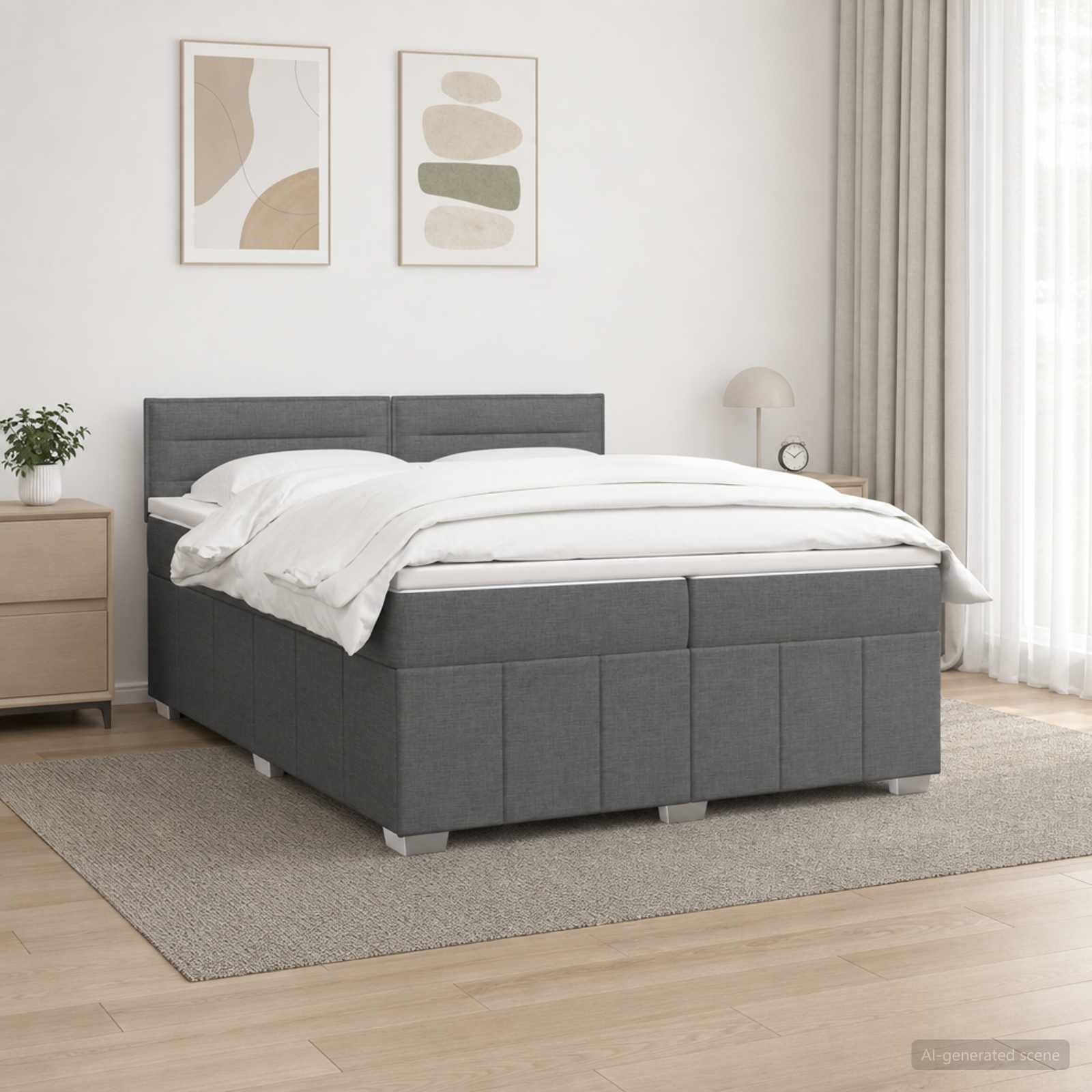 LED Boxspring Bed met Matras Donkergrijs 200 x 200 cm Stof – afbeelding 1