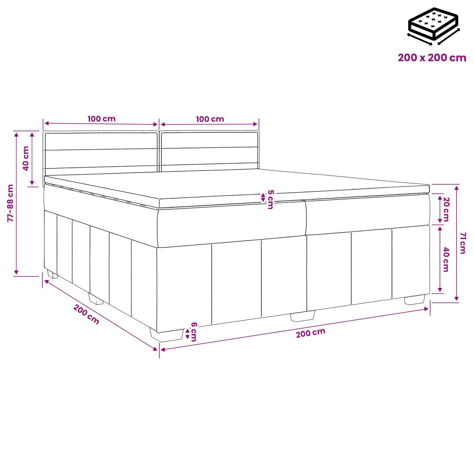 LED Boxspring Bed met Matras Zwart 200 x 200 cm Stof – afbeelding 12