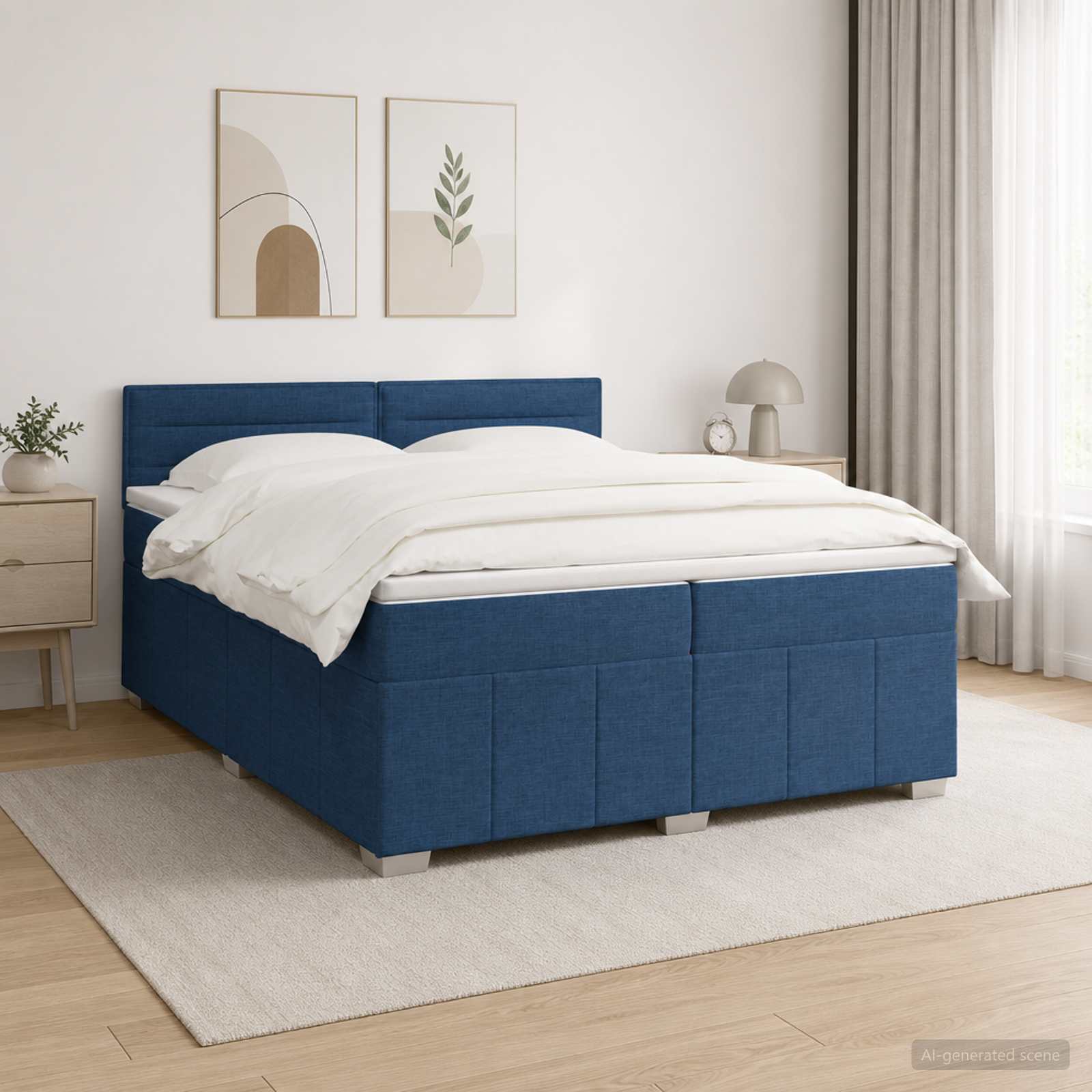 LED Boxspring Bed met Matras Blauw 200 x 200 cm Stof – afbeelding 1