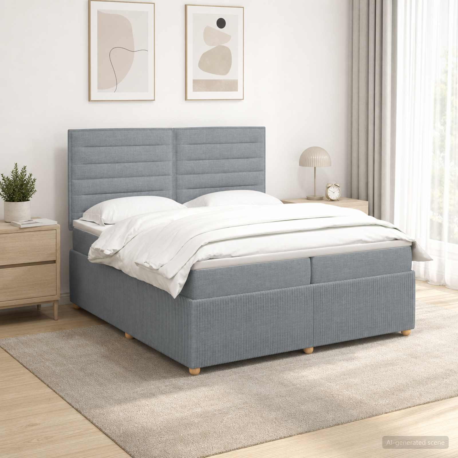 LED Boxspring Bed met Matras Lichtgrijs 200 x 200 cm Stof – afbeelding 1