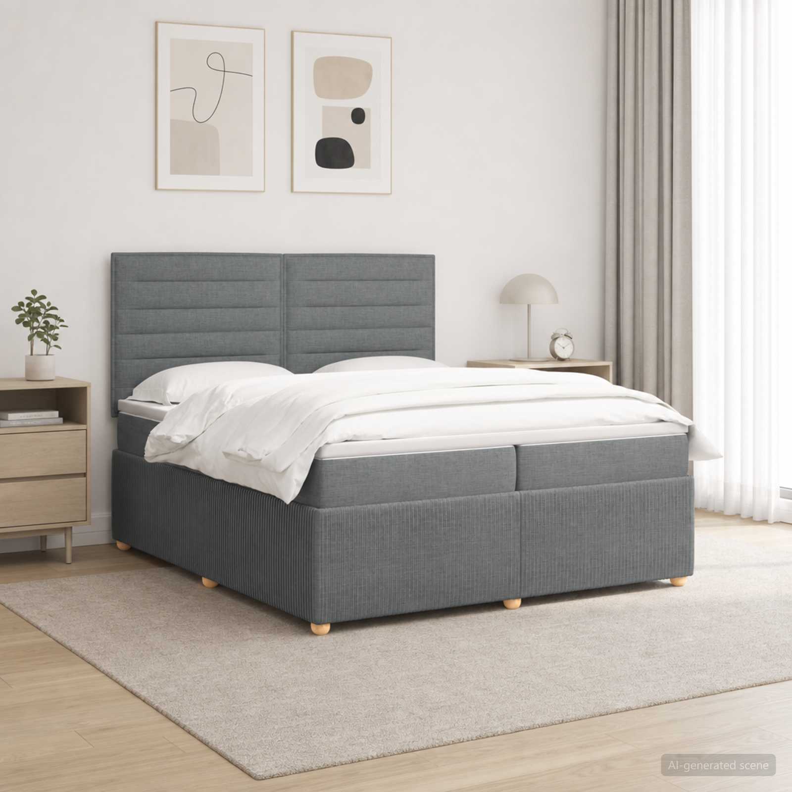 LED Boxspring Bed met Matras Donkergrijs 200 x 200 cm Stof – afbeelding 1