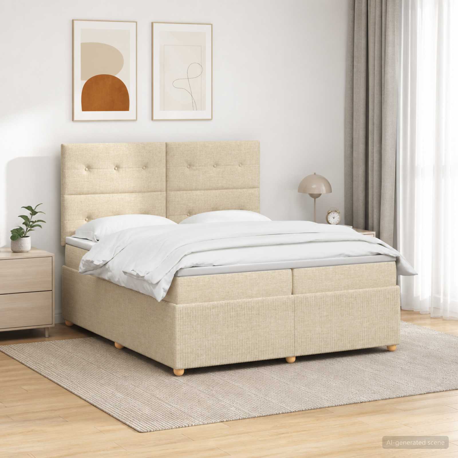 LED Boxspring Bed met Matras Crèmekleurig 200 x 200 cm Stof – afbeelding 1