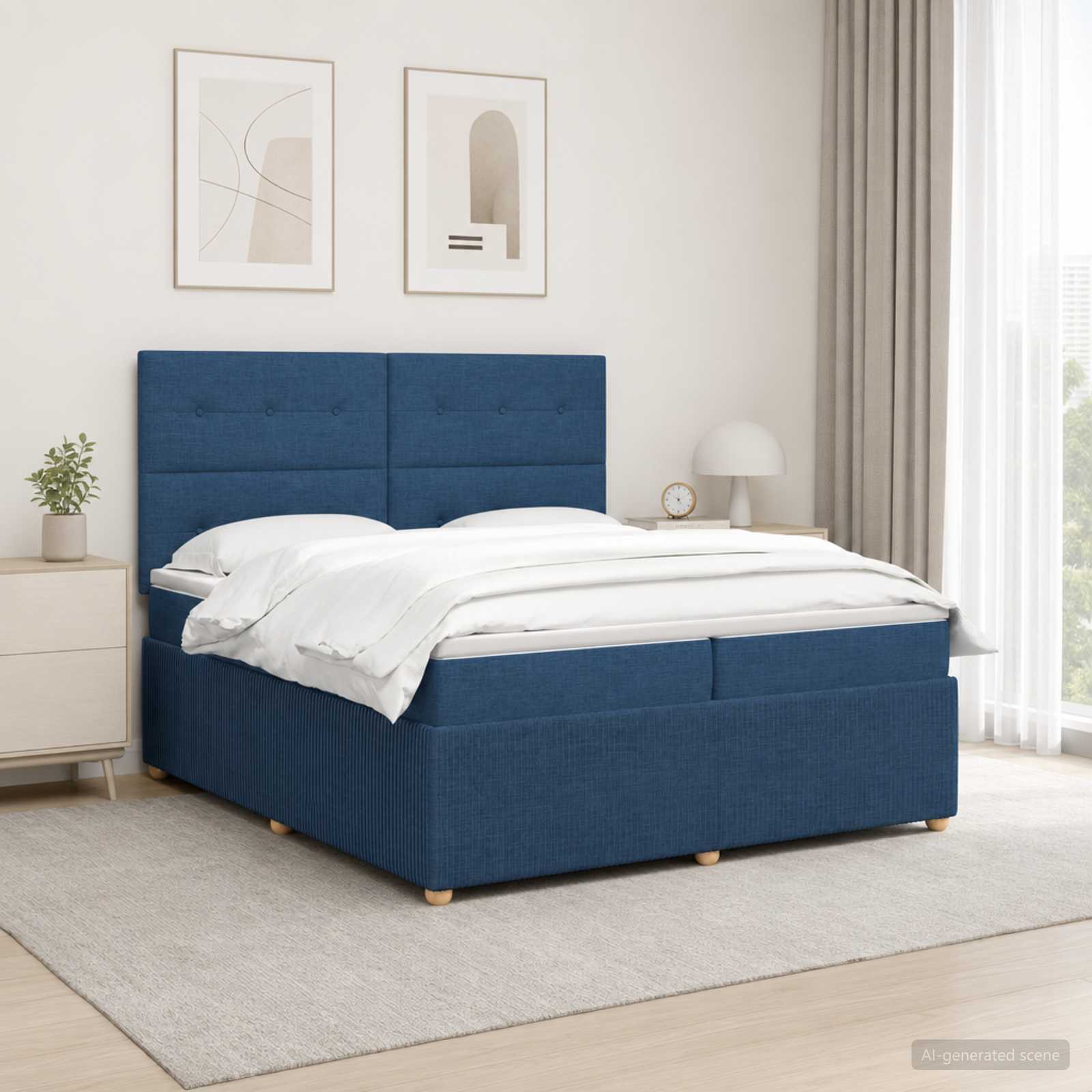 LED Boxspring Bed met Matras Blauw 200 x 200 cm Stof – afbeelding 1