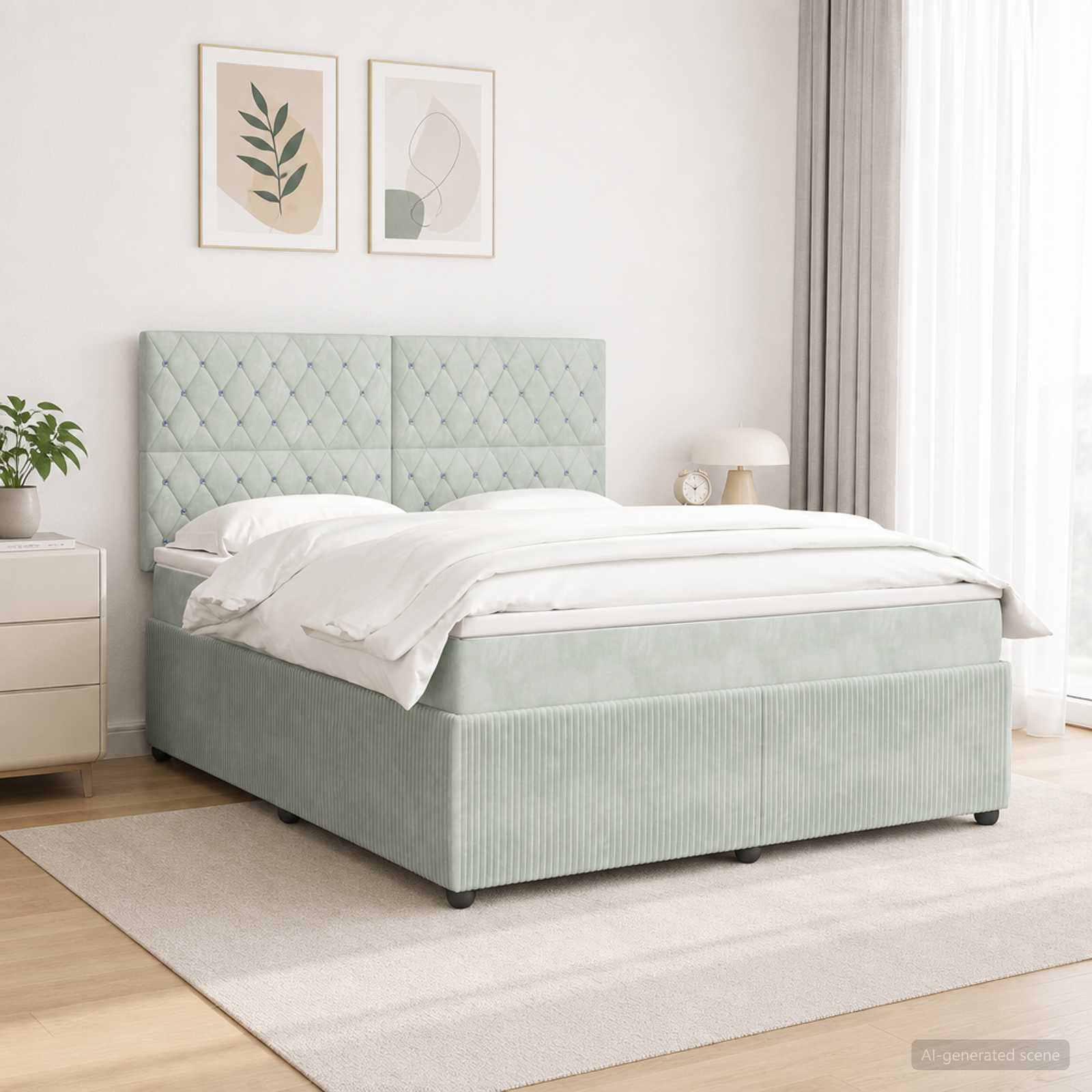 LED Boxspring Bed met Matras Lichtgrijs 140 x 190 cm Fluweel – afbeelding 1