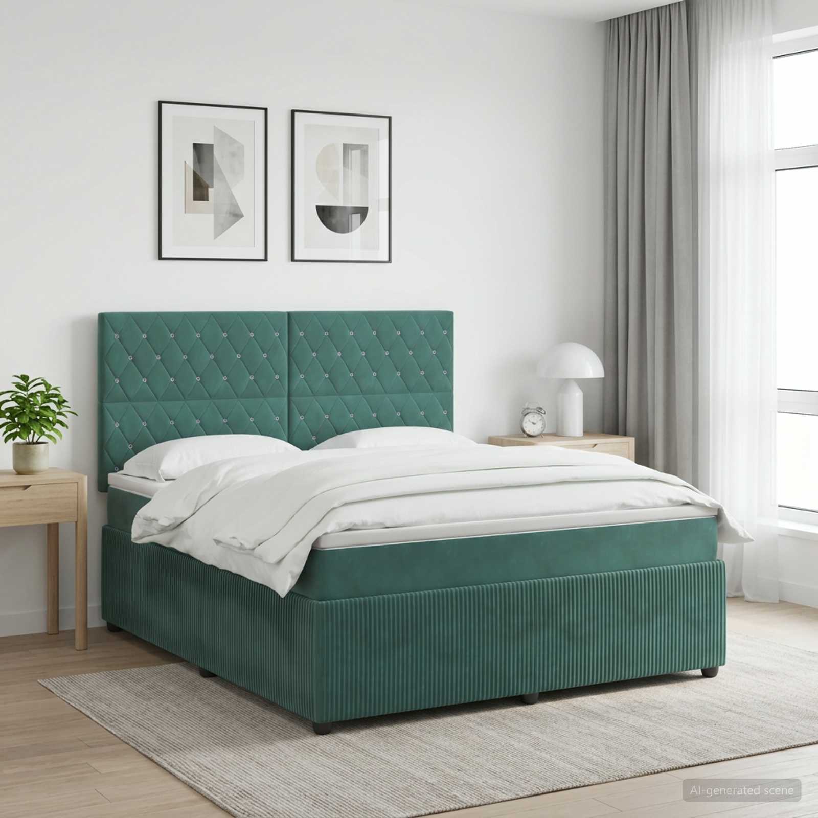 LED Boxspring Bed met Matras Donkergroen 140 x 200 cm Fluweel – afbeelding 1