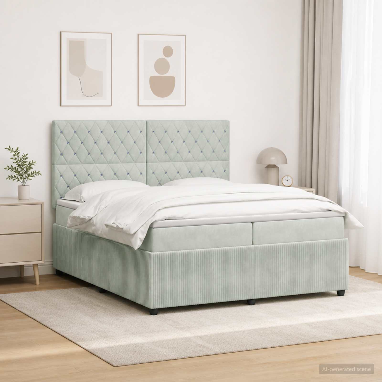 LED Boxspring Bed met Matras Lichtgrijs 200 x 200 cm Fluweel – afbeelding 1