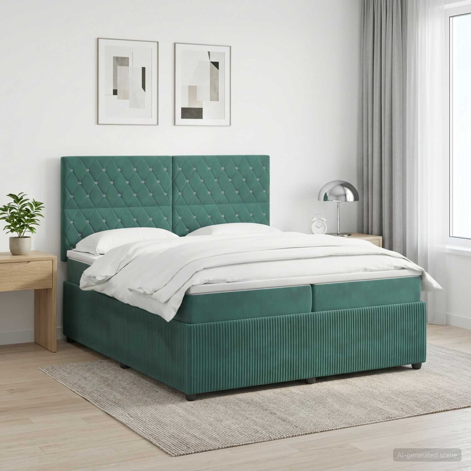 LED Boxspring Bed met Matras Donkergroen 200 x 200 cm Fluweel – afbeelding 1