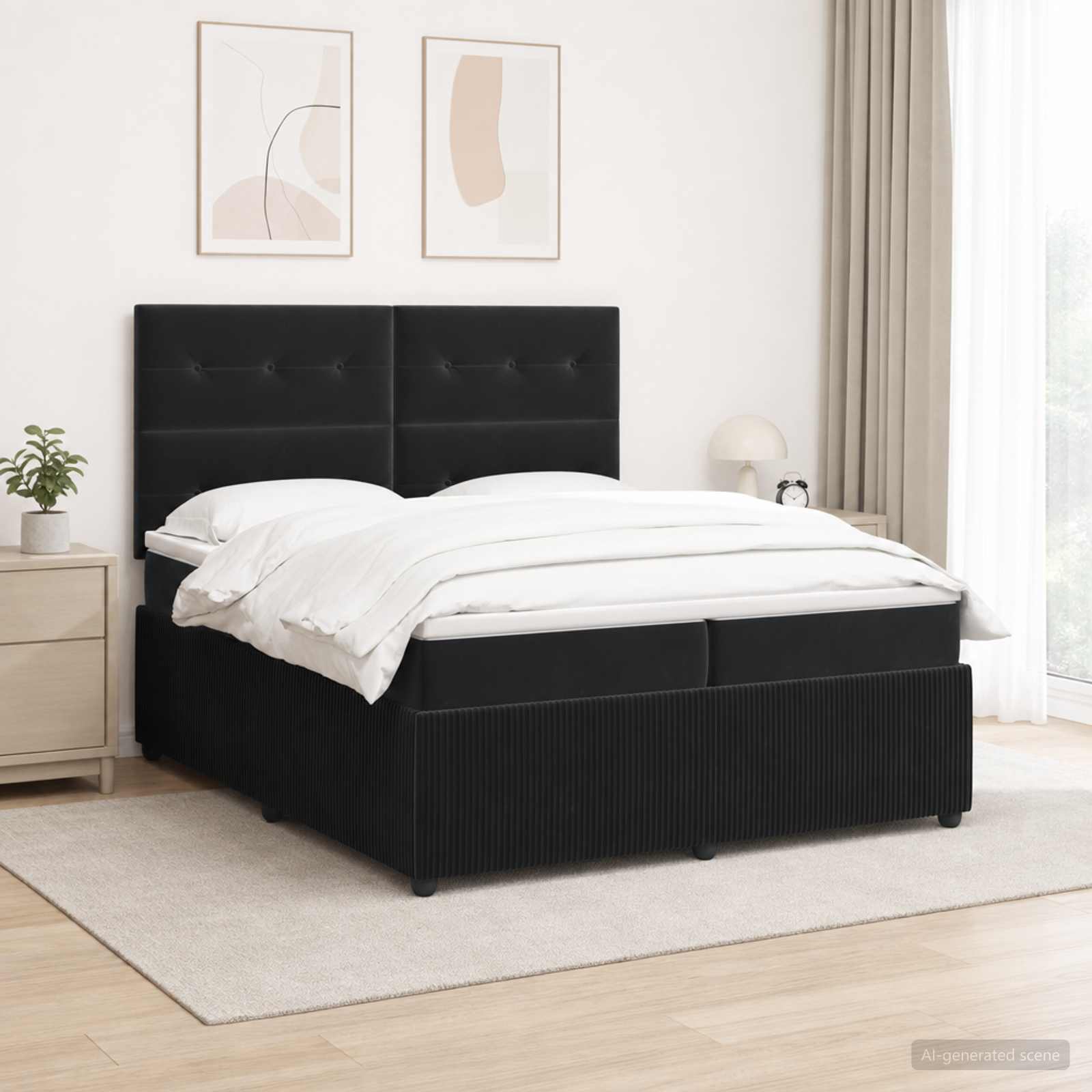LED Boxspring Bed met Matras Zwart 200 x 200 cm Fluweel – afbeelding 1