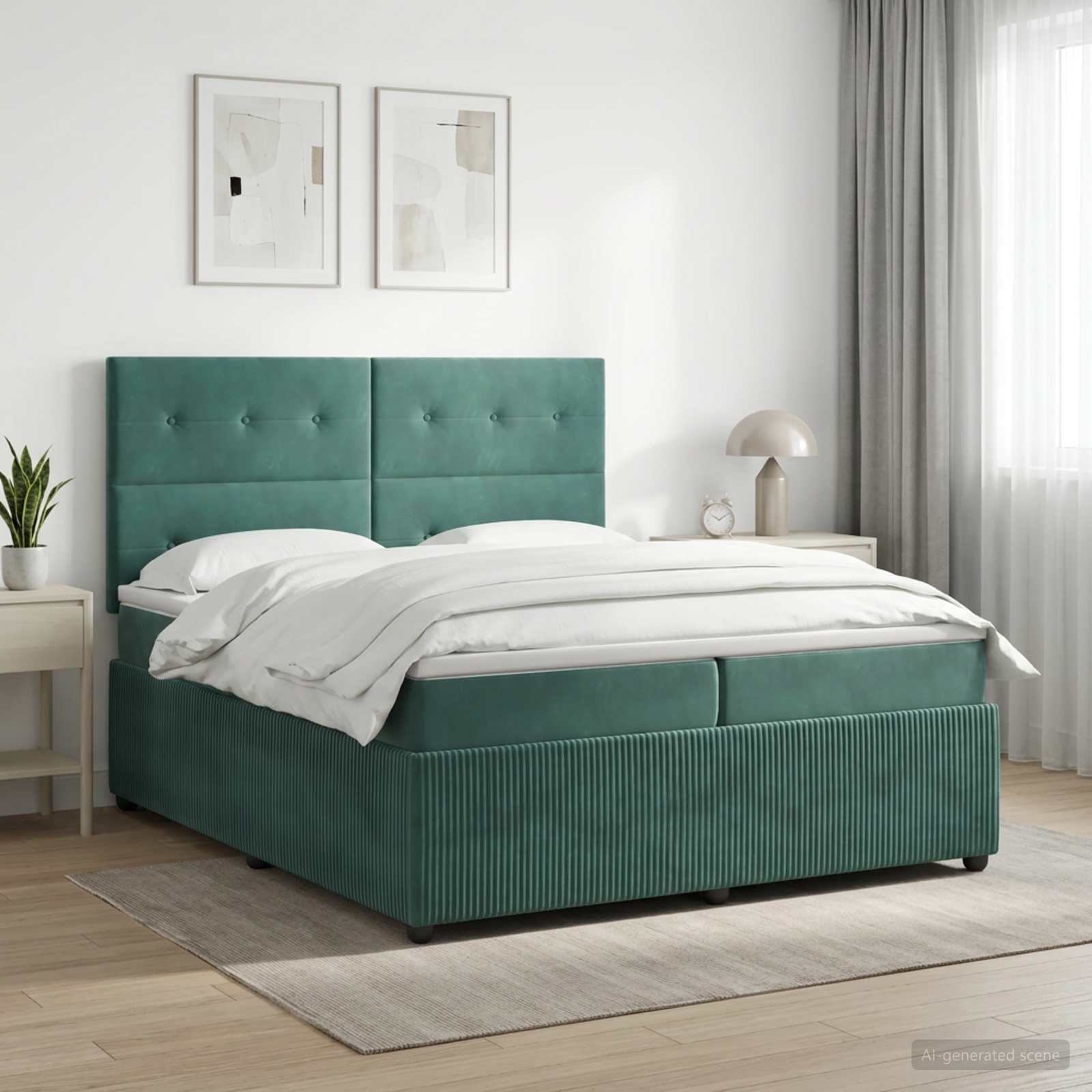 LED Boxspring Bed met Matras Donkergroen 200 x 200 cm Fluweel – afbeelding 1
