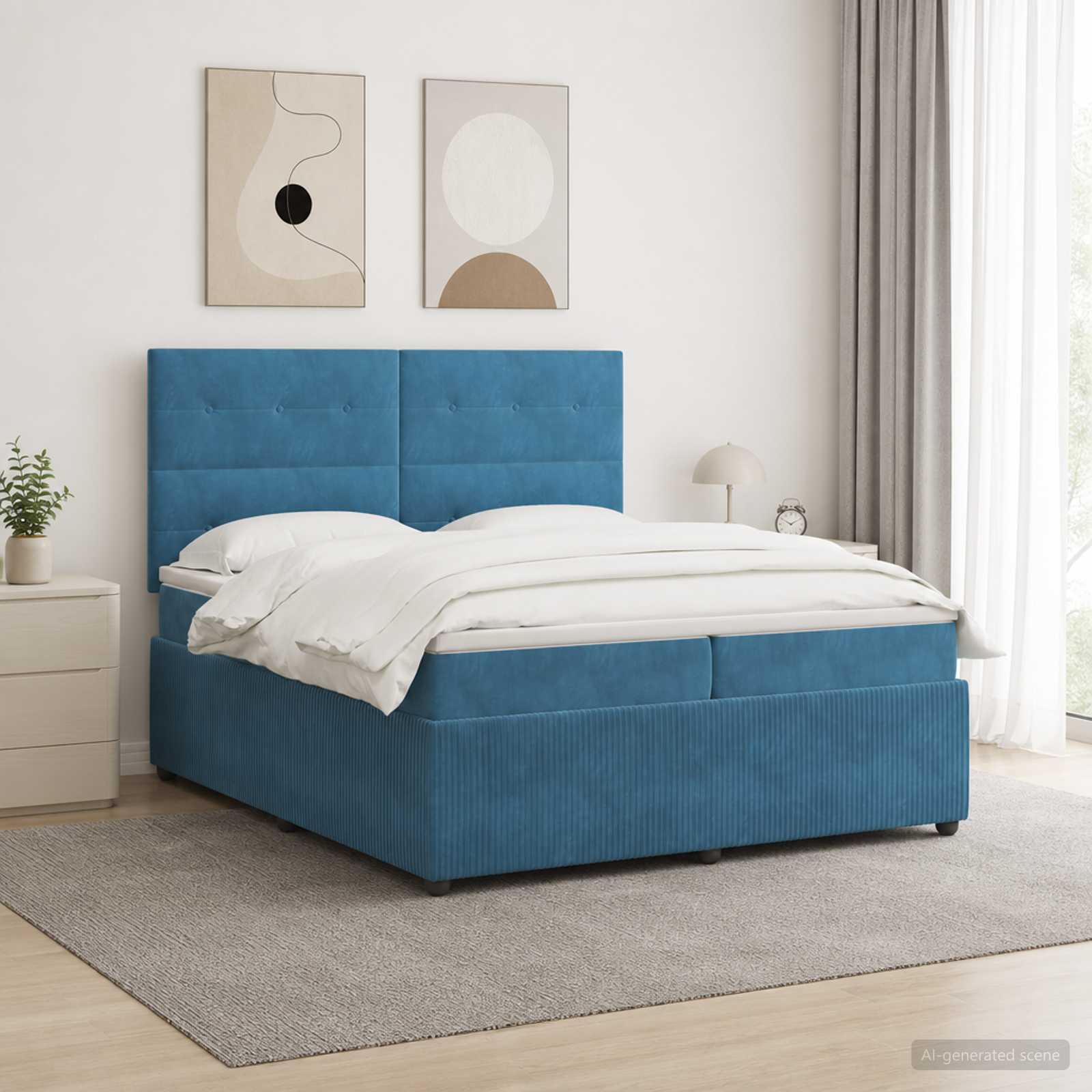 LED Boxspring Bed met Matras Blauw 200 x 200 cm Fluweel – afbeelding 1