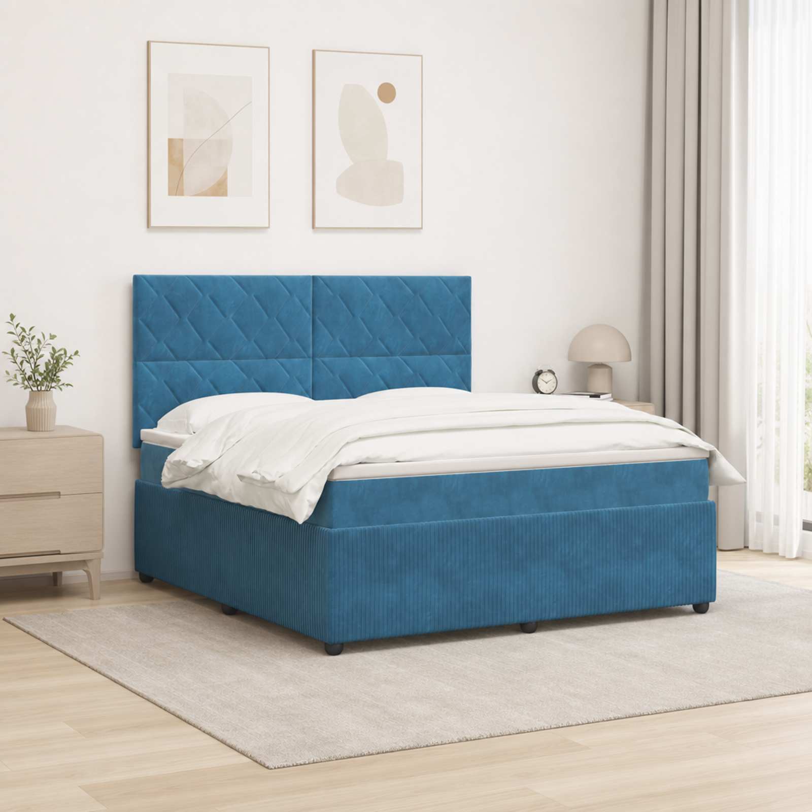 LED Boxspring Bed met Matras Blauw 200 x 200 cm Fluweel – afbeelding 1