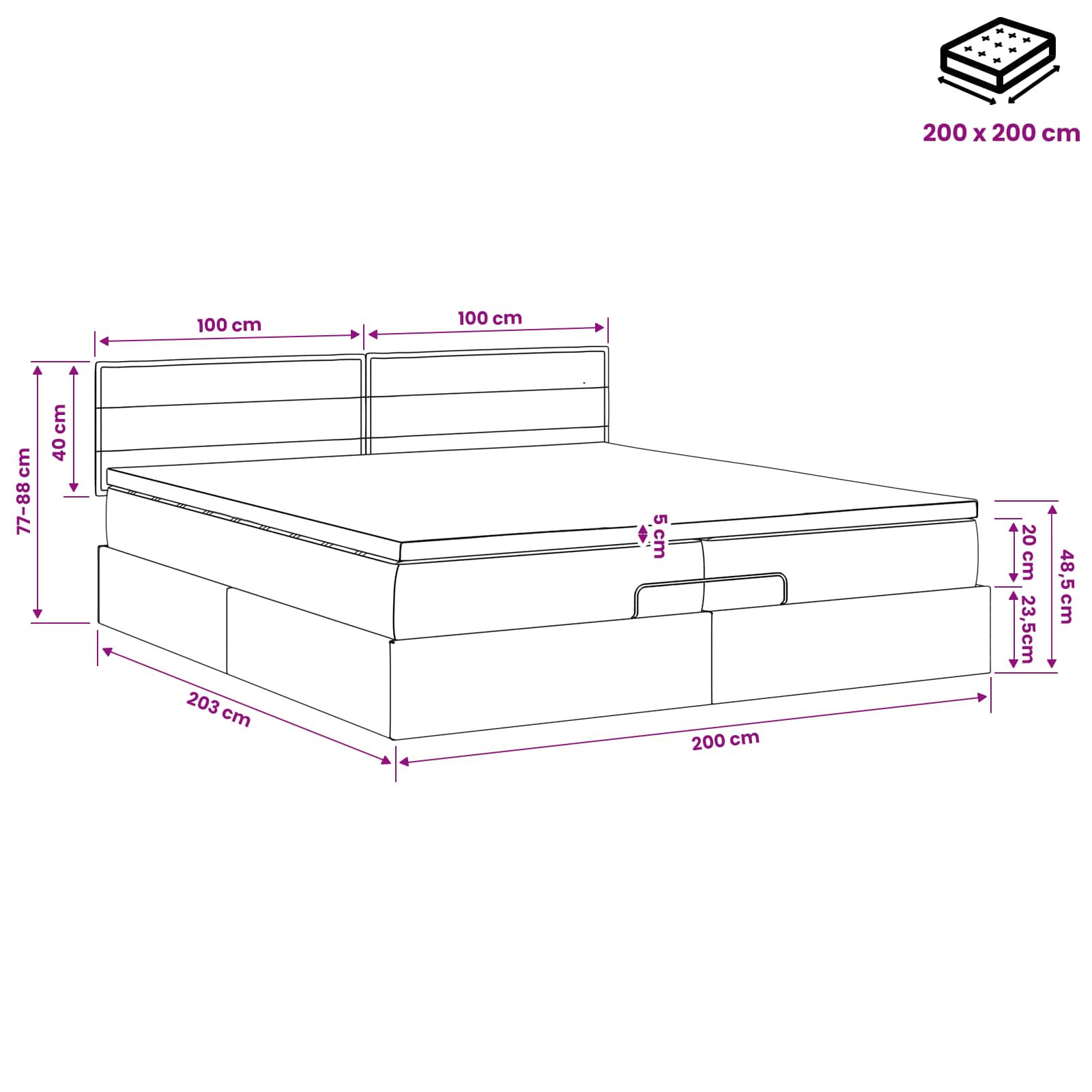 Ottoman Bed met Matrassen en LED Zwart 200 x 200 cm Stof – afbeelding 12