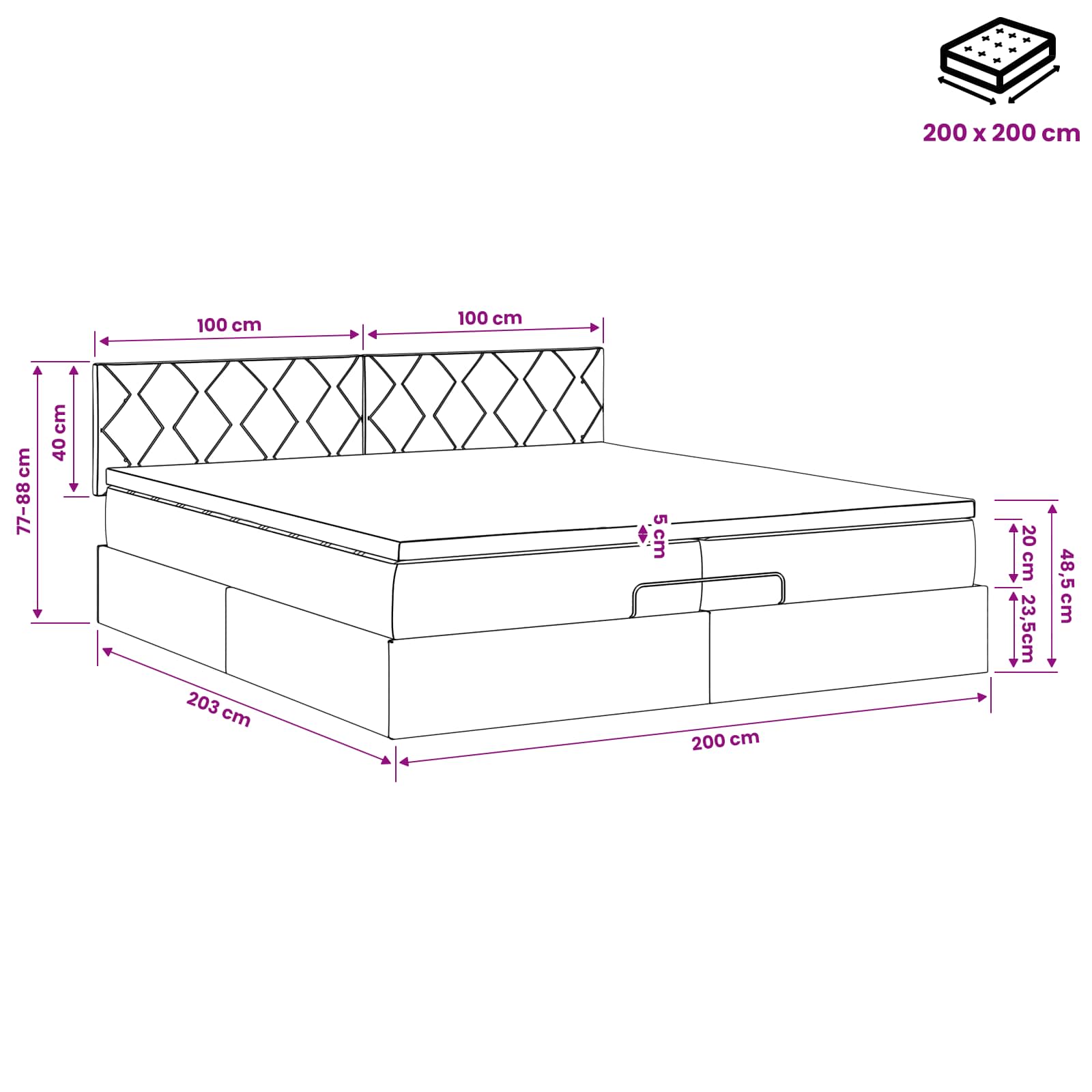 Ottoman Bed met Matrassen en LED Lichtgrijs 200 x 200 cm Stof – afbeelding 12