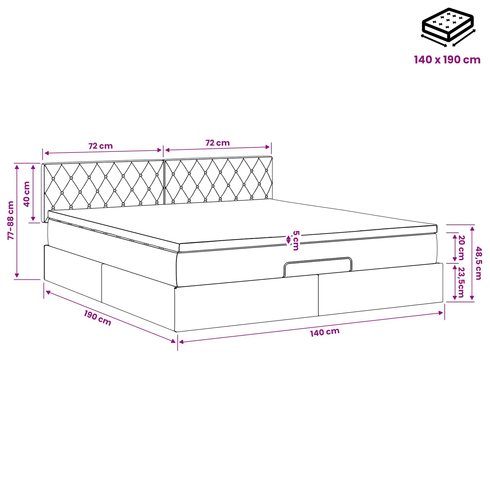 Ottoman Bed met Matrassen en LED Donkergrijs 140 x 190 cm – afbeelding 12