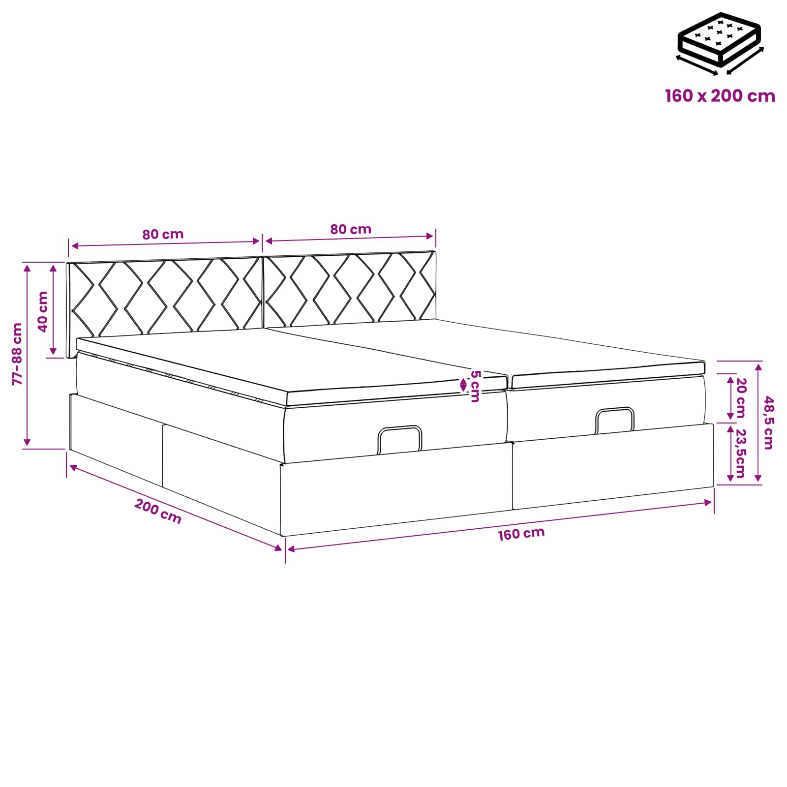 Ottoman Bed met Matrassen en LED Donkergrijs 160 x 200 cm Stof – afbeelding 12