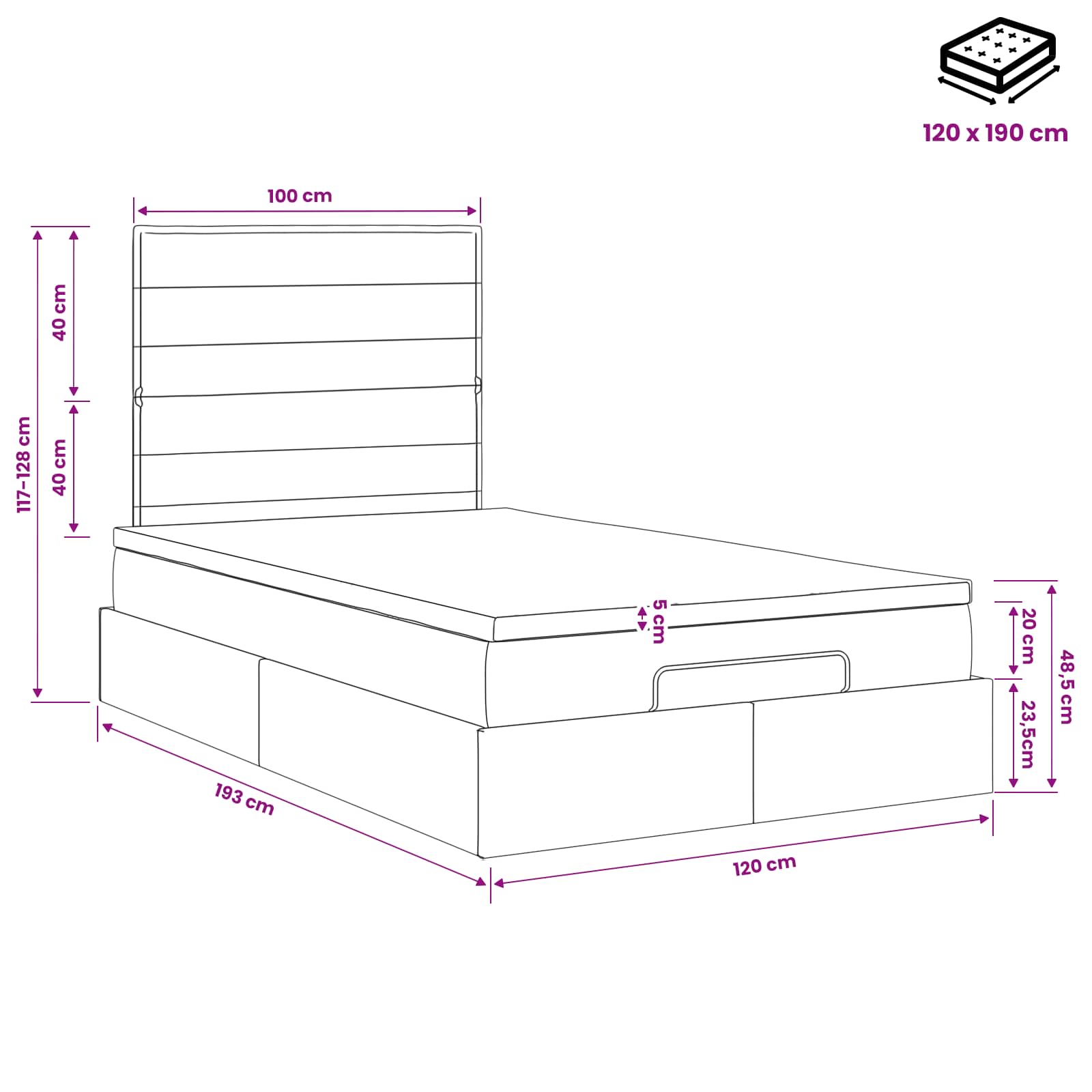 Ottoman bed met matras met hoofdeinde Zwart 120 x 190 cm Stof – afbeelding 11