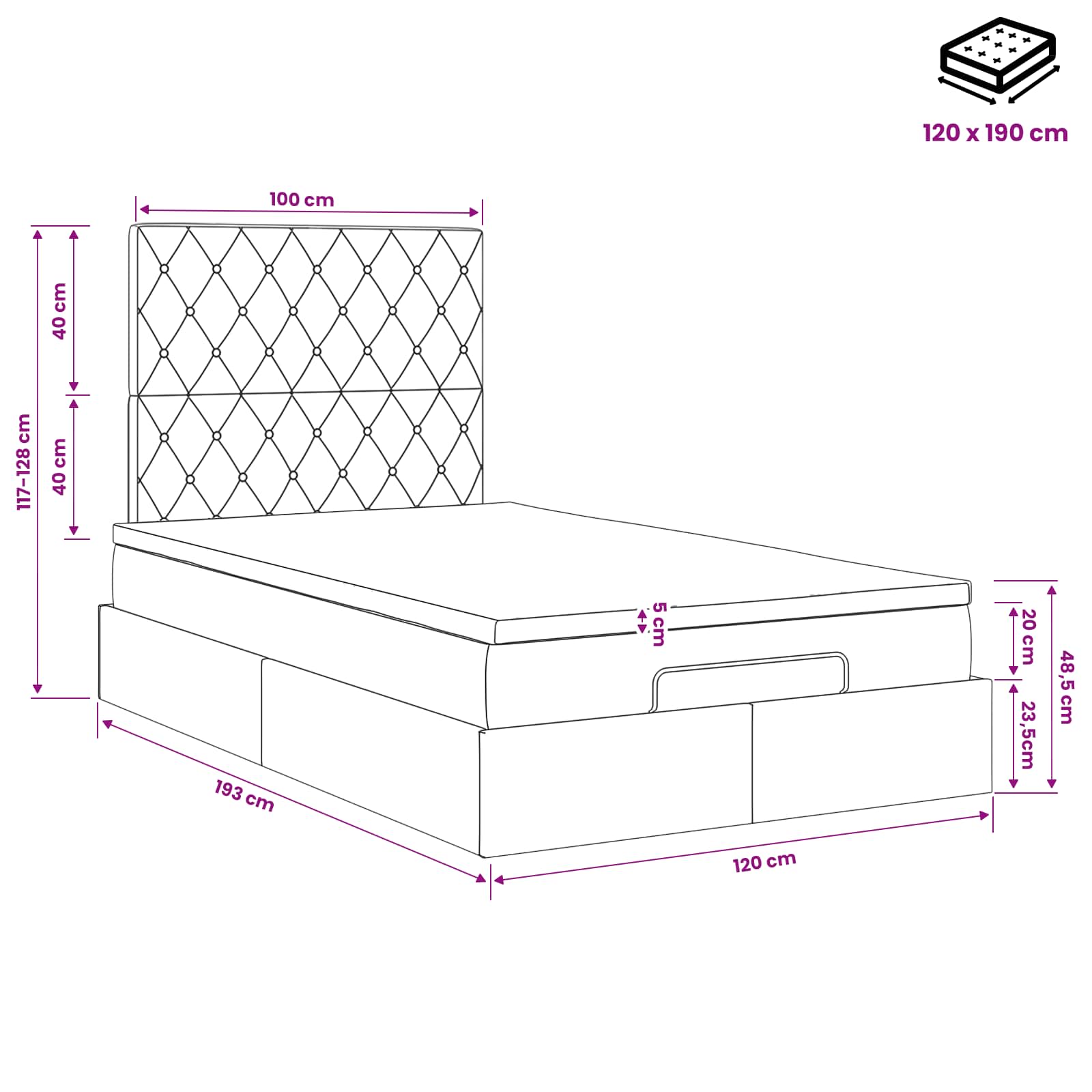 Ottoman bed met matras met hoofdeinde Roze 120 x 190 cm Fluweel – afbeelding 11