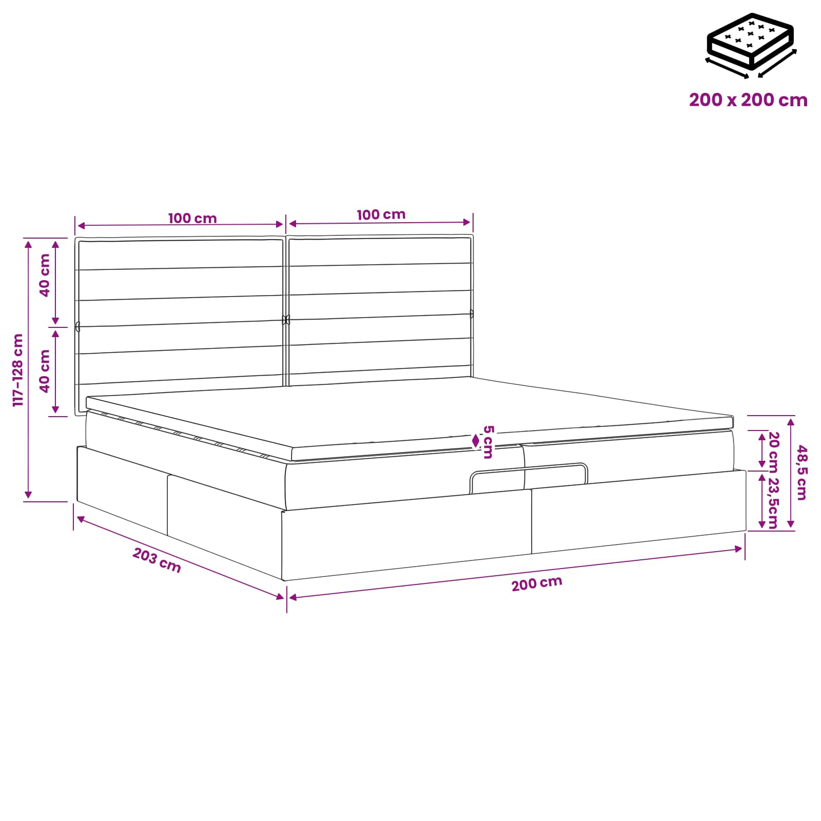 Ottoman Bed met Matrassen en LED Zwart 200 x 200 cm Stof – afbeelding 12