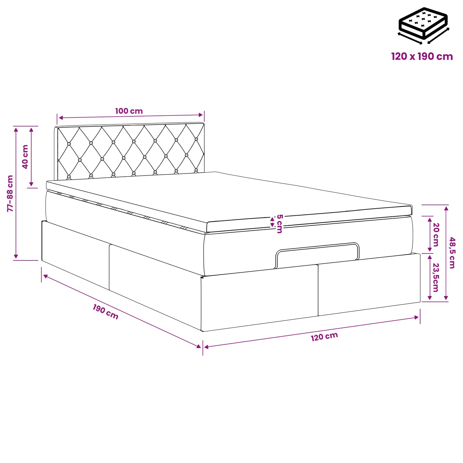 Ottoman Bed met Matrassen en LED Roze 120 x 190 cm fluweel – afbeelding 12