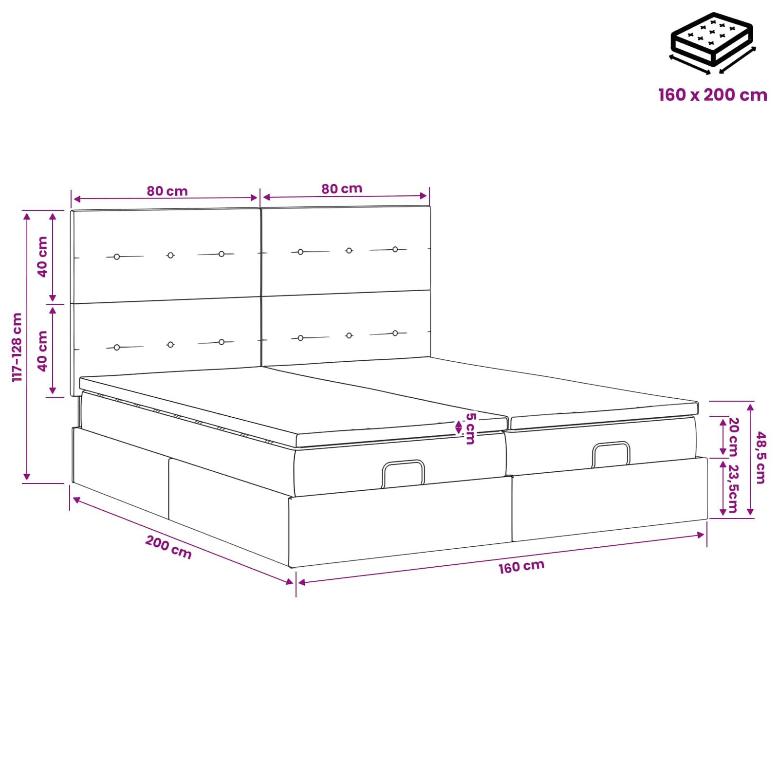 Ottoman Bed met Matrassen en LED Zwart 160 x 200 cm fluweel – afbeelding 12