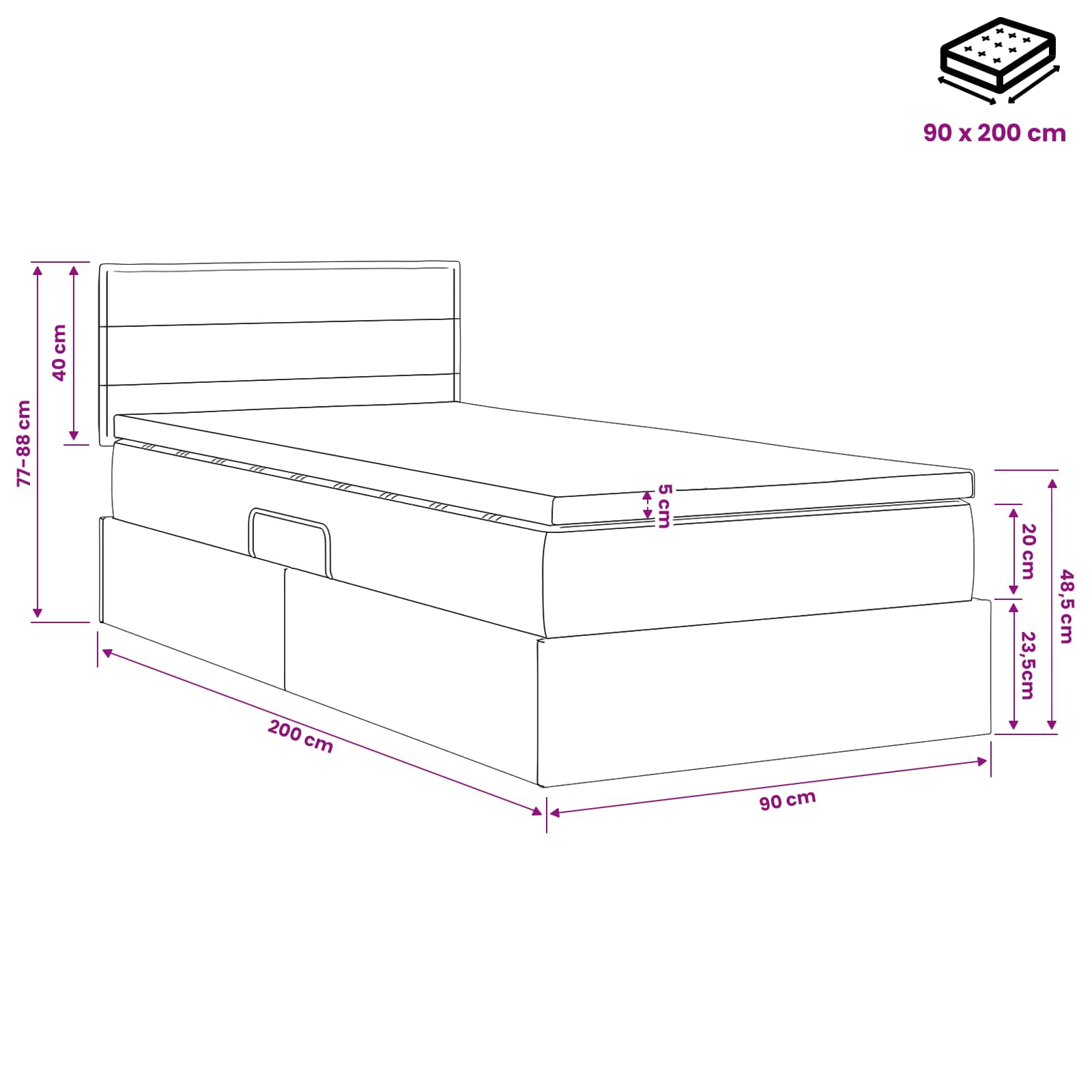 Opbergbed met matras met hoofdeinde Blauw 90 x 200 cm fluweel – afbeelding 11