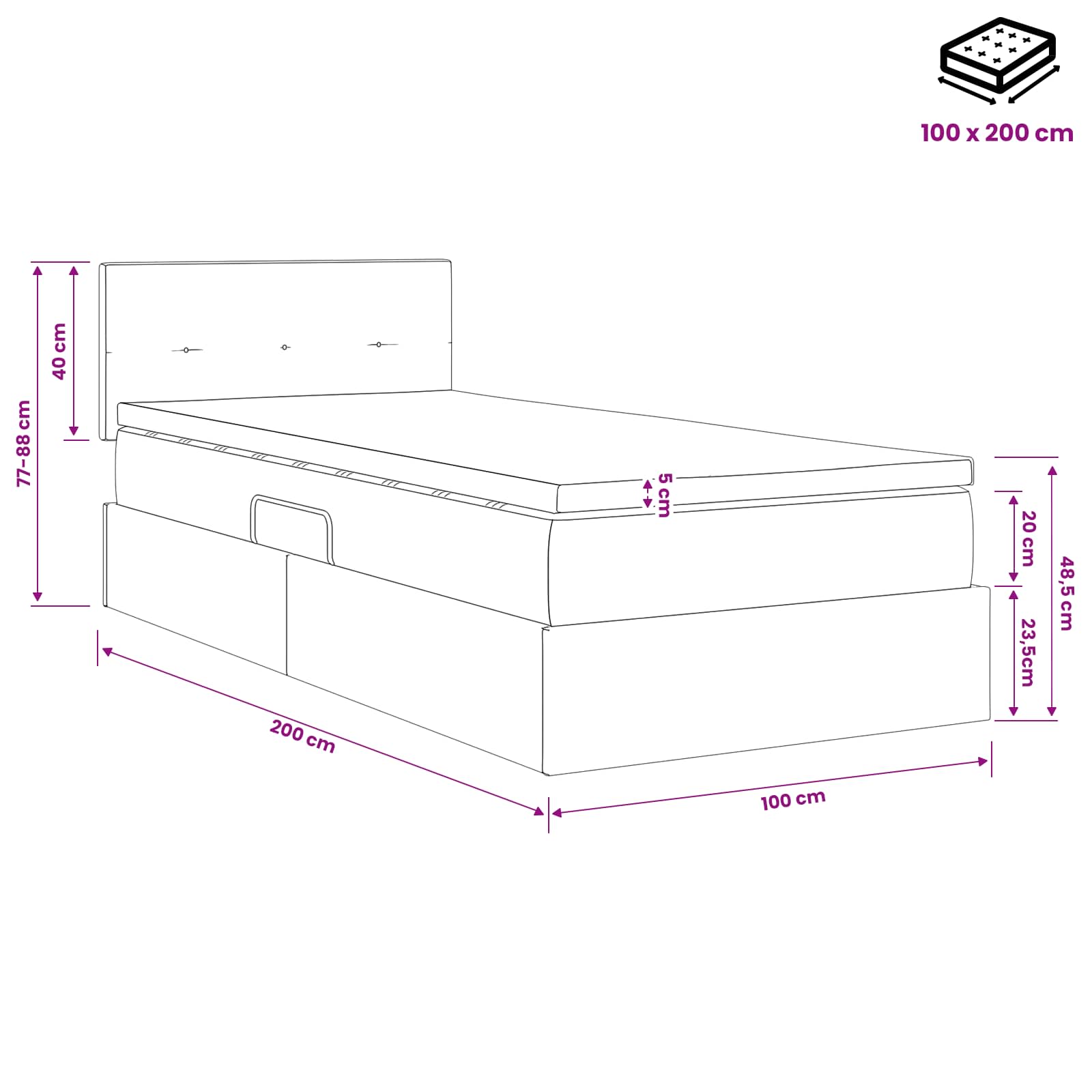 LED Opslagbed met Matras Donkergrijs 100 x 200 cm Stof – afbeelding 12