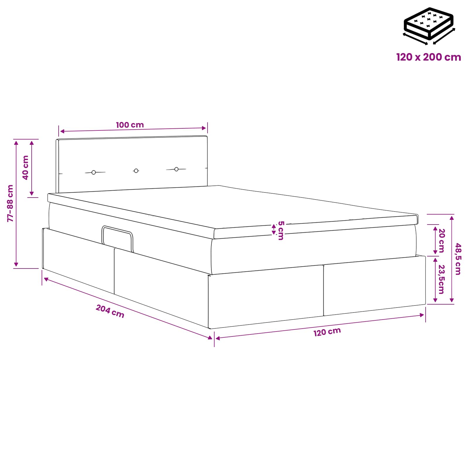 LED Opslagbed met Matras Donkergrijs 120 x 200 cm Stof – afbeelding 12