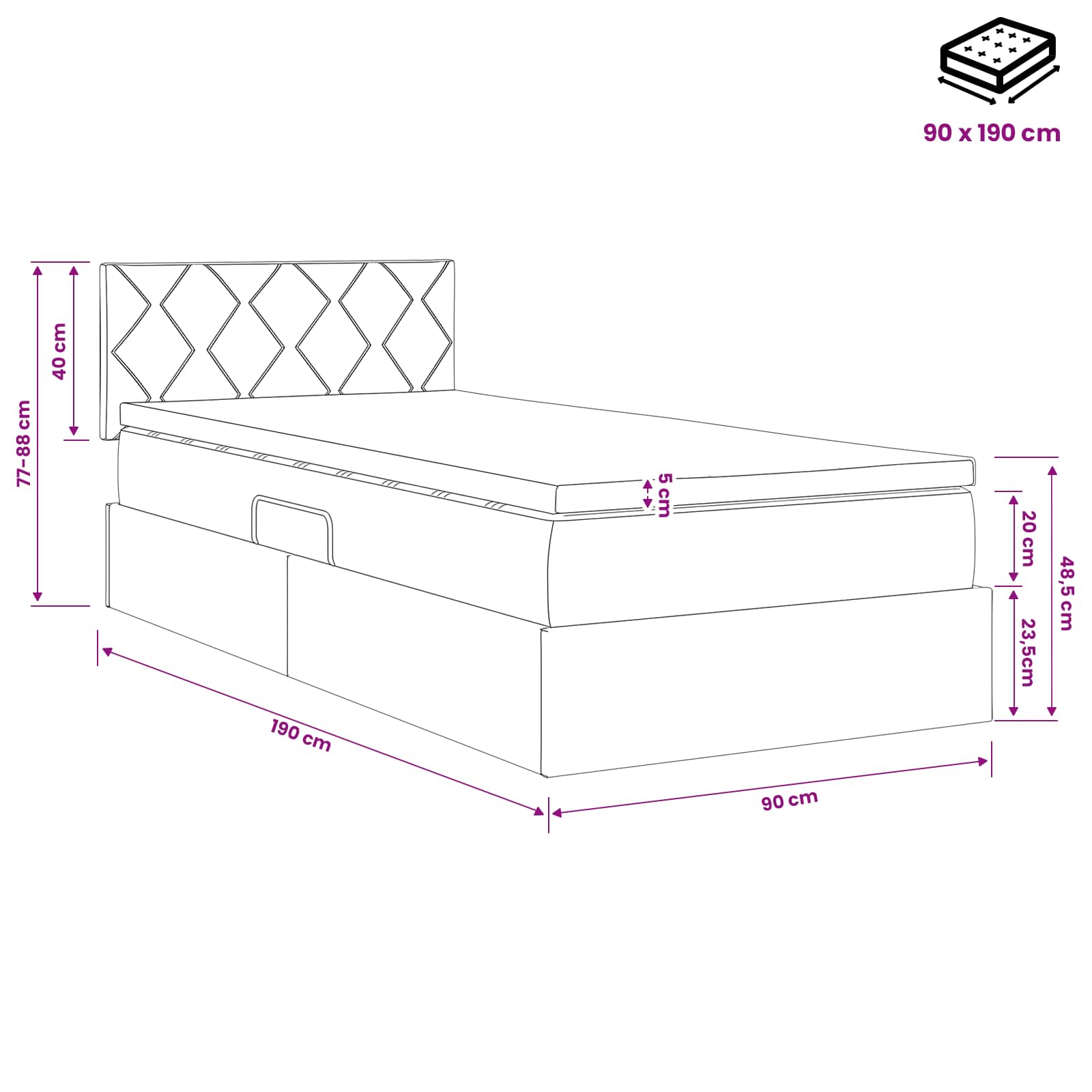 LED Opslagbed met Matras Crèmekleurig 90 x 190 cm Stof – afbeelding 12
