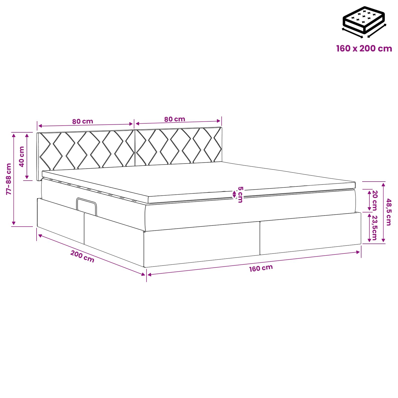 LED Opslagbed met Matras Donkergrijs 160 x 200 cm Stof – afbeelding 12