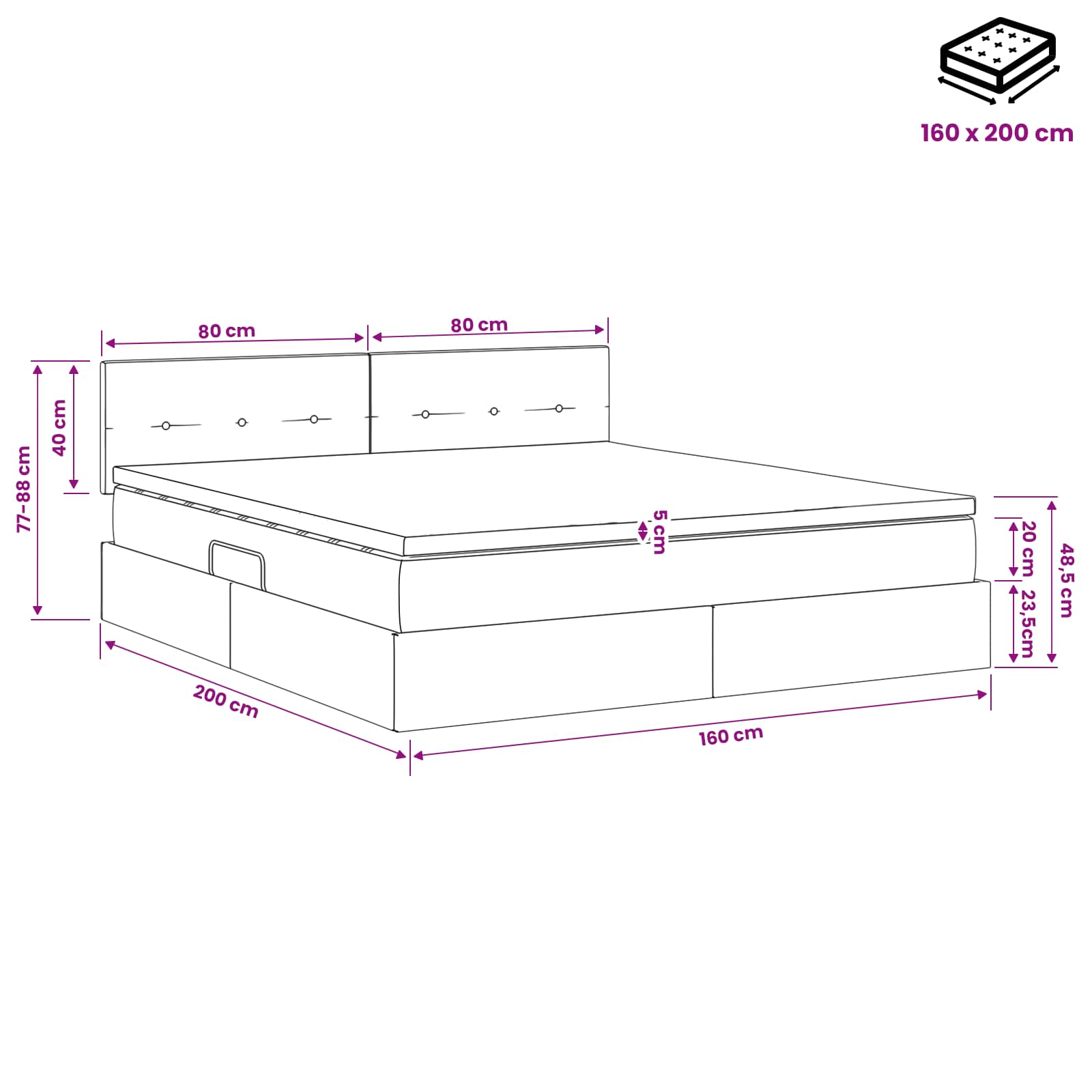 LED Opslagbed met Matras Zwart 160 x 200 cm Fluweel – afbeelding 12