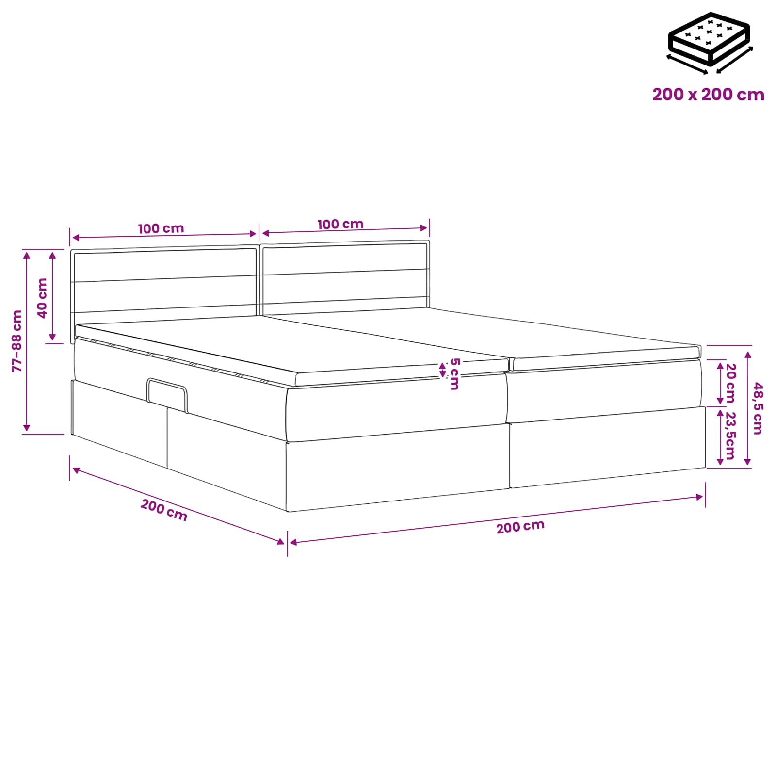 LED Opslagbed met Matras Zwart 200 x 200 cm Stof – afbeelding 12
