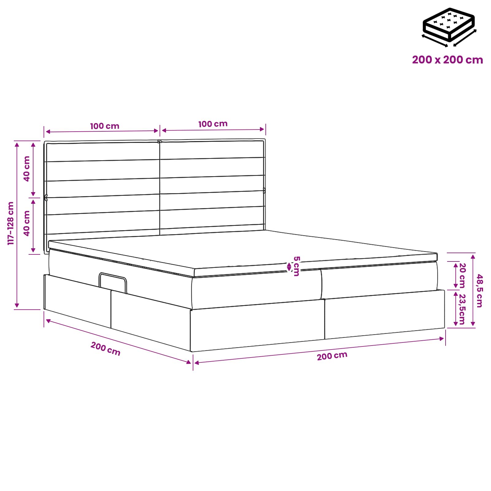 Opslag bed met hoofdeinde met opslag Zwart 200 x 200 cm Stof – afbeelding 11