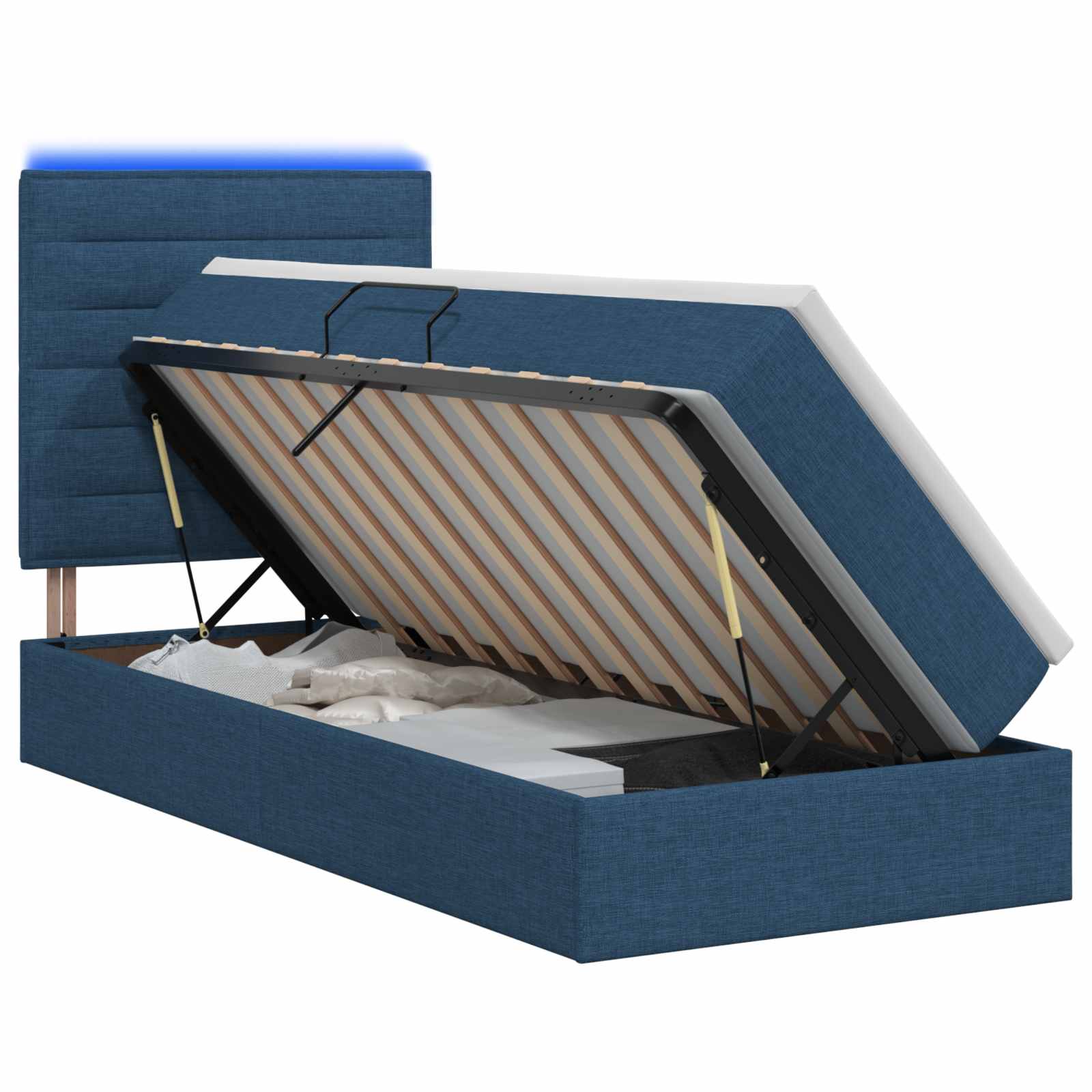 LED Opslagbed met Matras Blauw 90 x 200 cm Stof – afbeelding 1