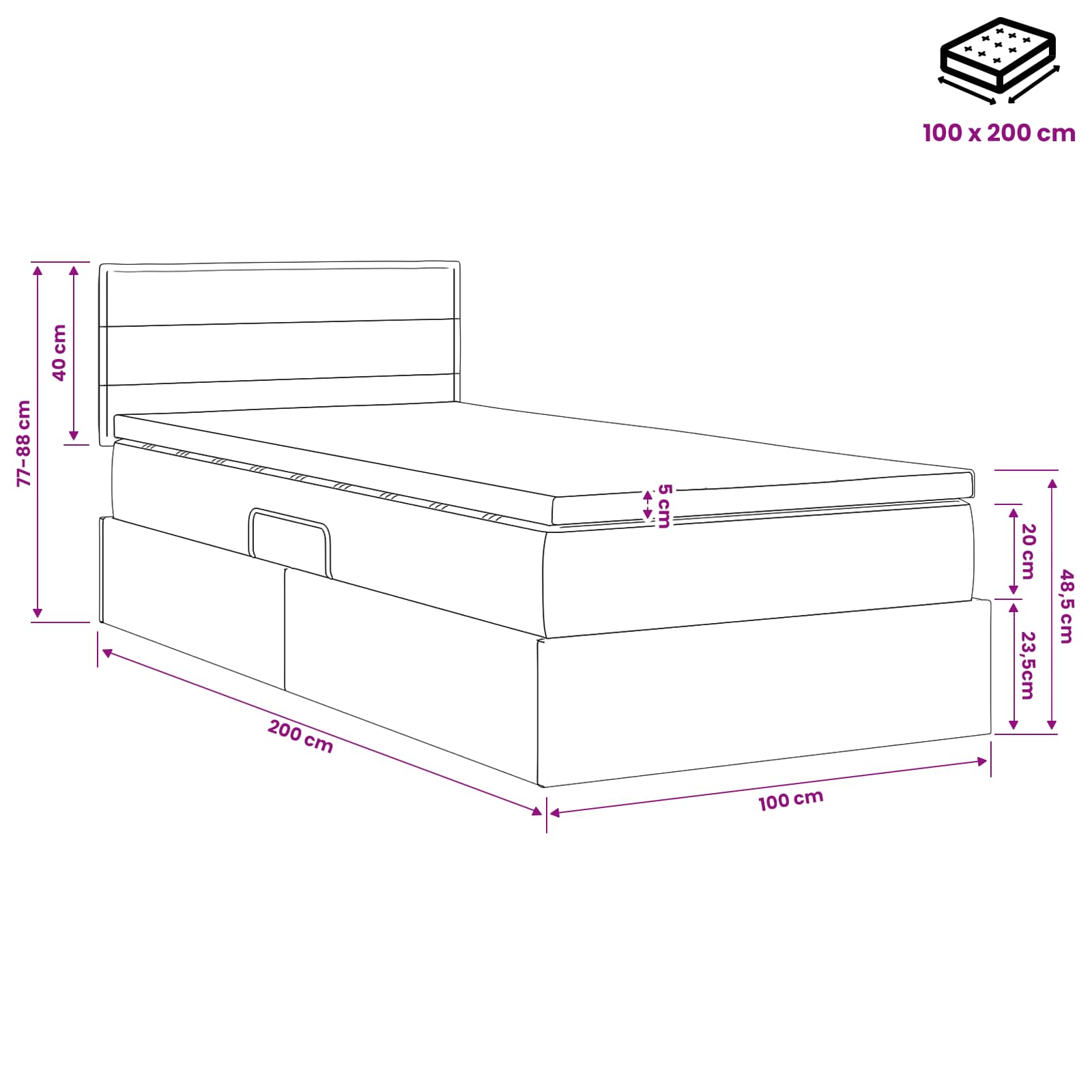 LED Opslagbed met Matras Zwart 100 x 200 cm Stof – afbeelding 12
