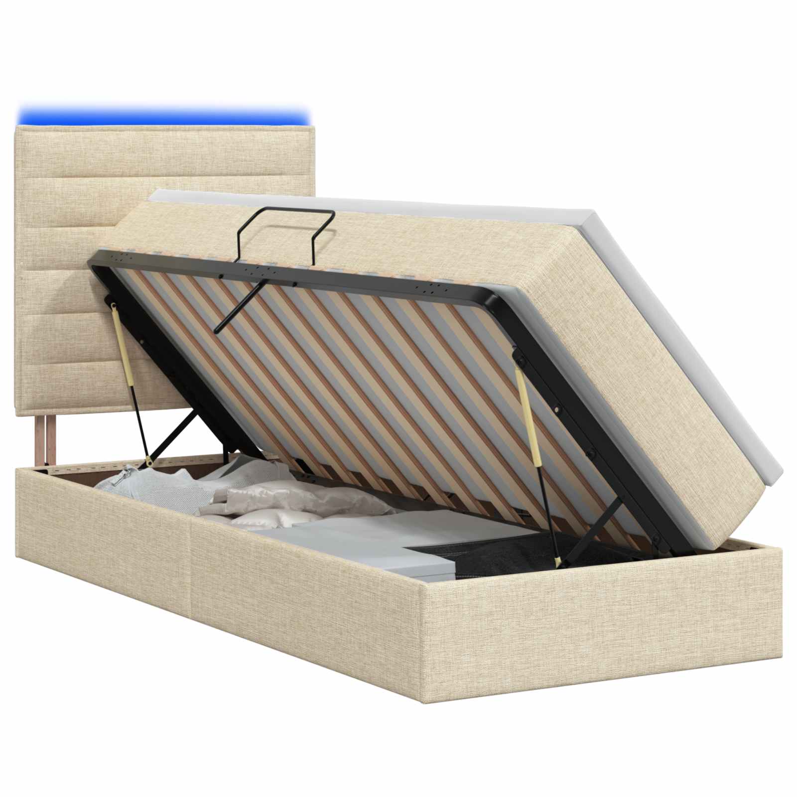 LED Opslagbed met Matras Crèmekleurig 100 x 200 cm Stof – afbeelding 1