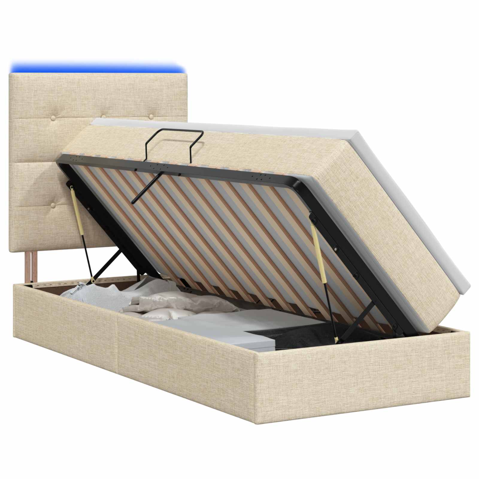 LED Opslagbed met Matras Crèmekleurig 90 x 190 cm Stof – afbeelding 1