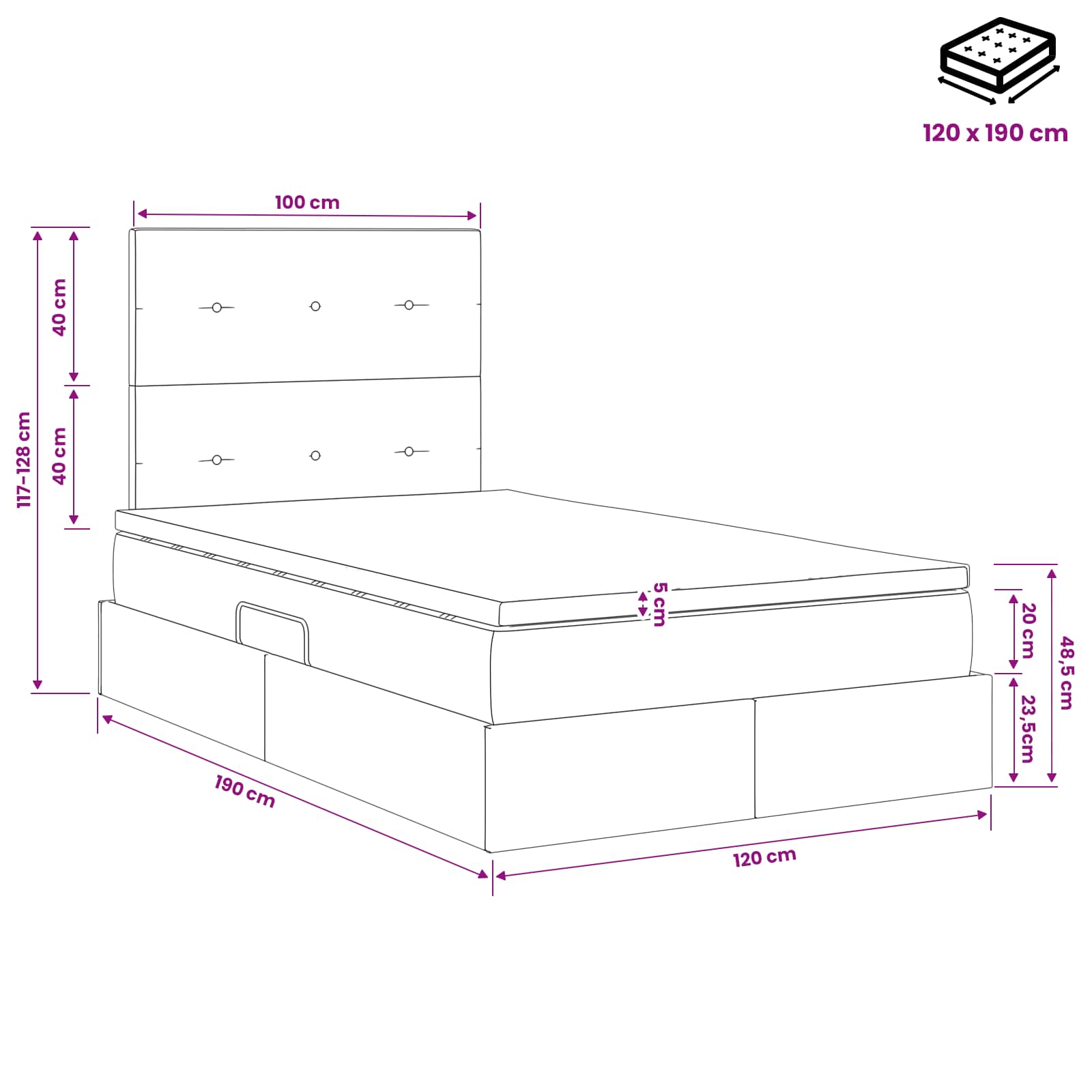 LED Opslagbed met Matras Taupe 120 x 190 cm Stof – afbeelding 12
