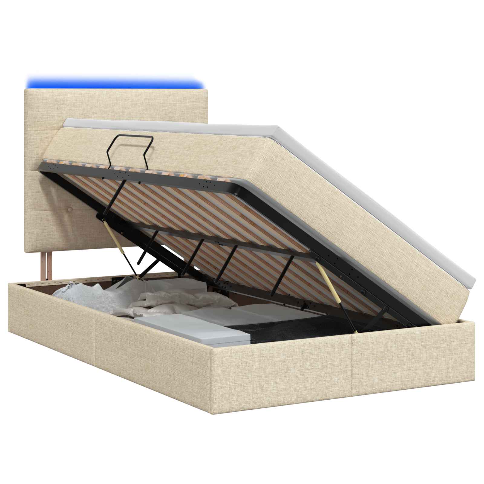LED Opslagbed met Matras Crèmekleurig 120 x 190 cm Stof – afbeelding 1